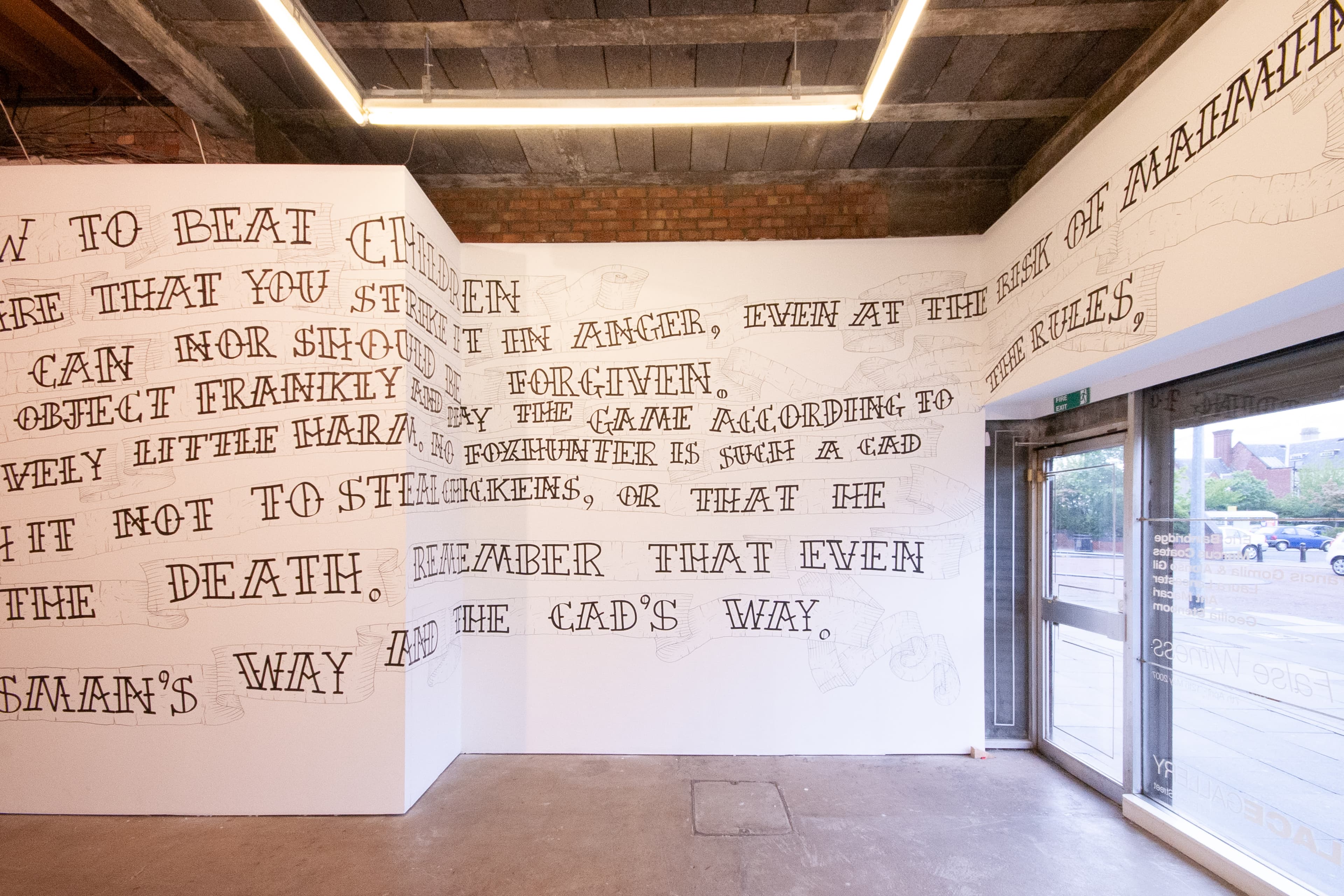 Installation shots of False Witness - an exhibition of artworks by Eric Bainbridge, Marcus Coates, Francis Gomila, Laura Lancaster, Ant Macari, and Cecilia Stenbom at Workplace in Gateshead