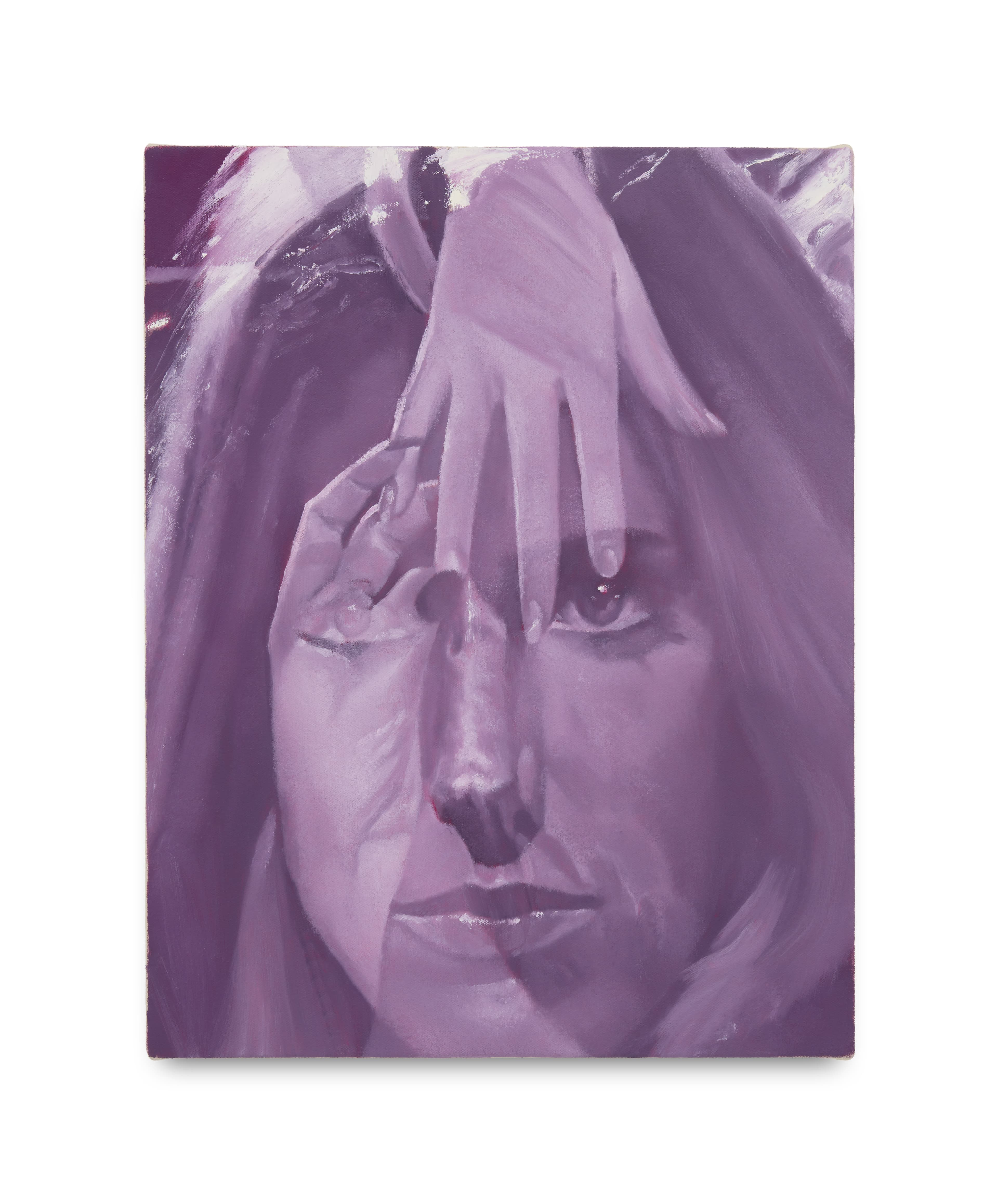 Small oil painting by Julia Maiuri. Two scenes superimposed on top of each other showing a portrait of a woman's head and two hands touching each other.