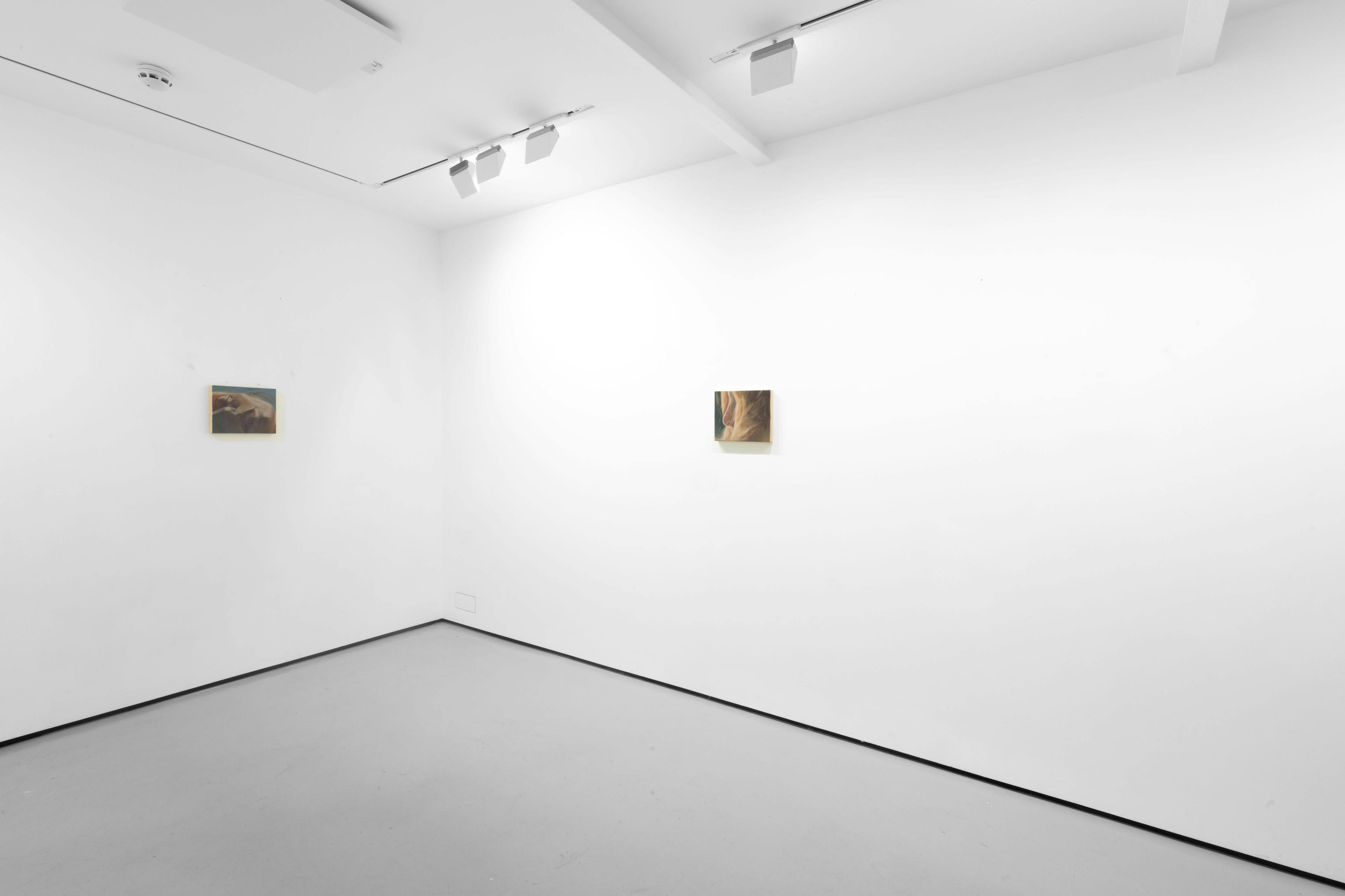 An installation view of Pei Wang's solo exhibition including several dark figurative paintings