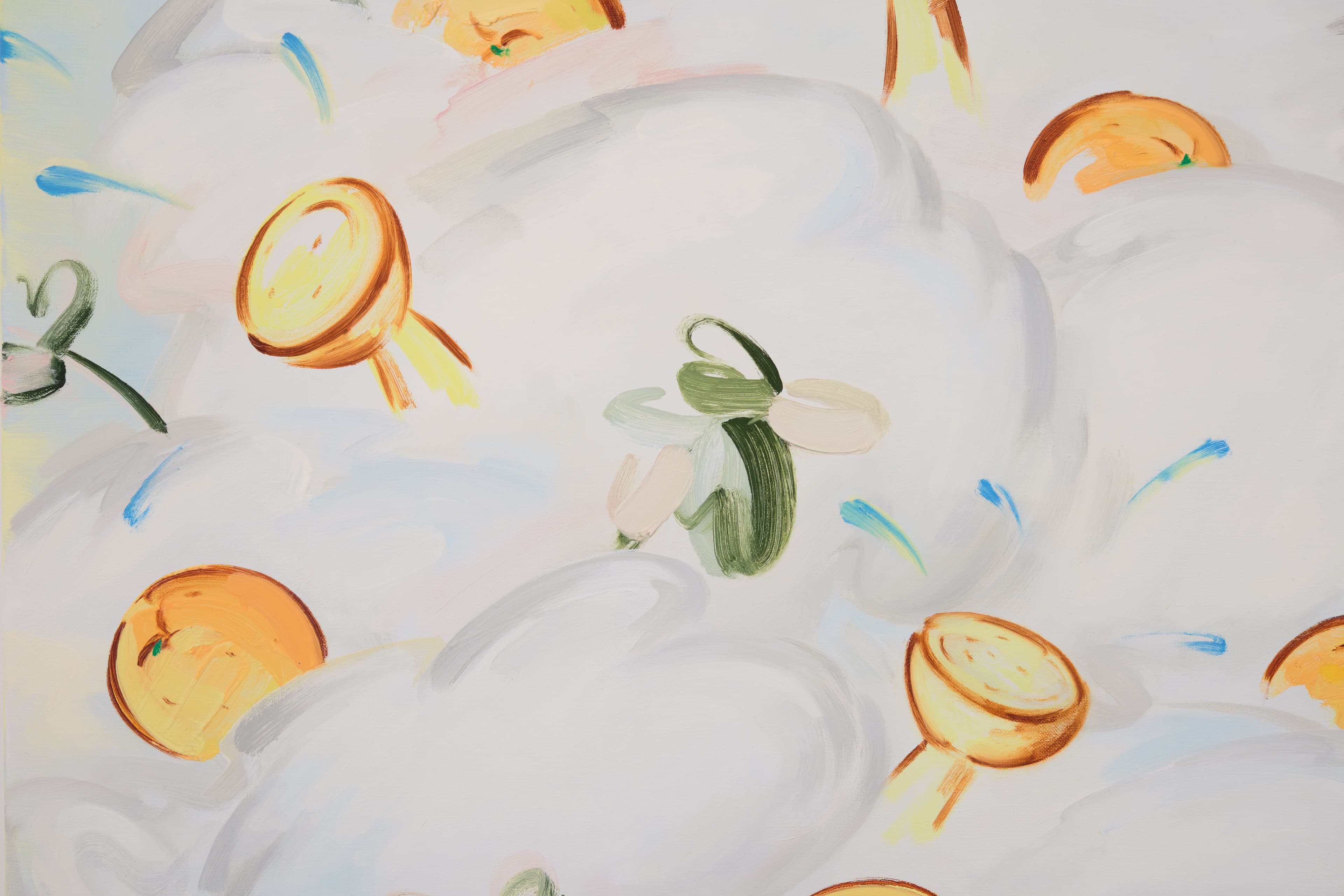 Oil on linen painting of a cloud bubble with foliage and oranges emerging.