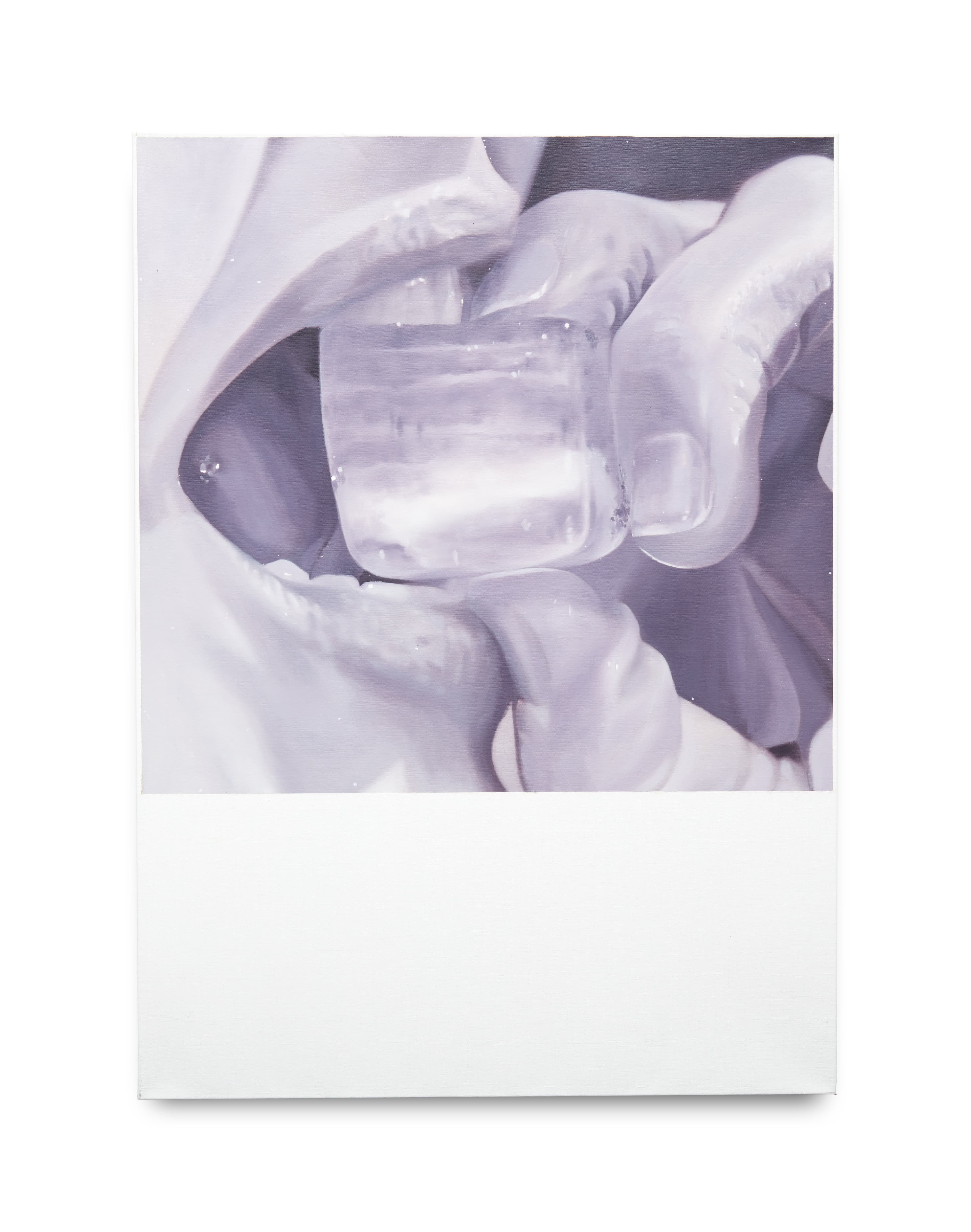 A mauve monochromatic painting by Robin Megannity of a woman biting into an ice cube