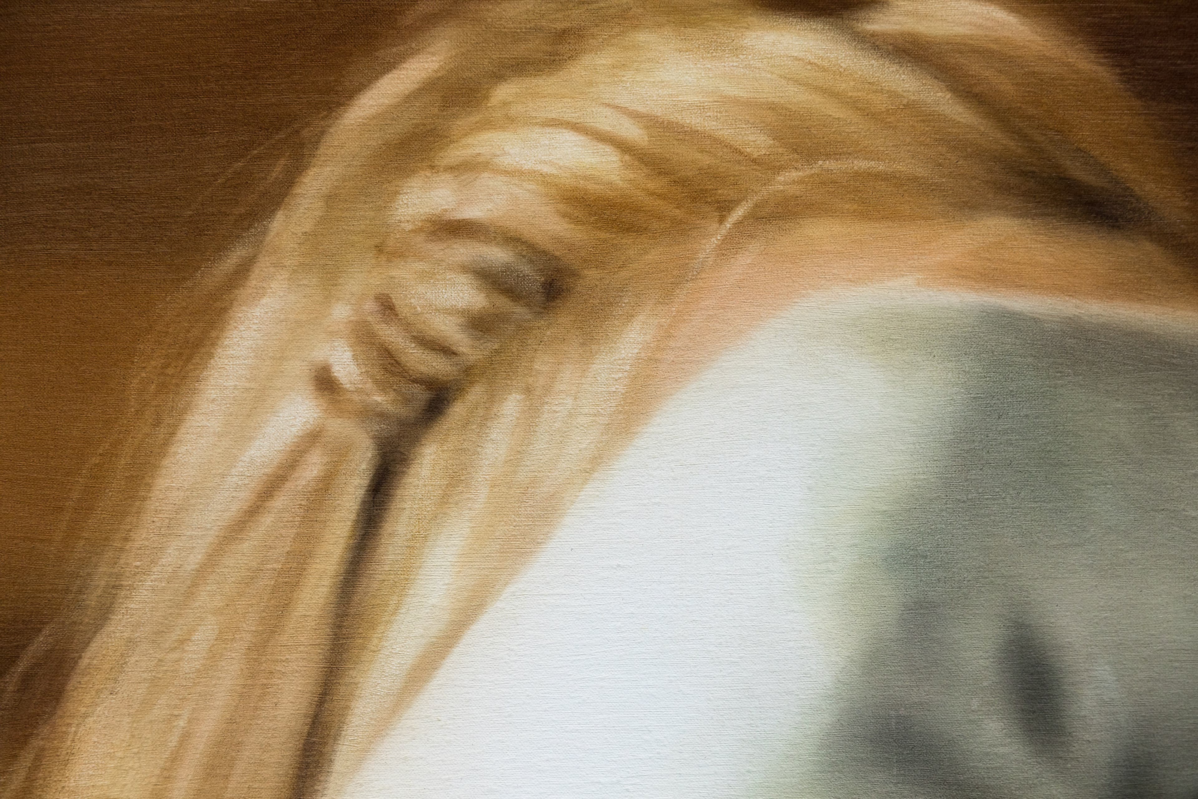 a painting of a woman taking off a jumper with folder arms in front of her face