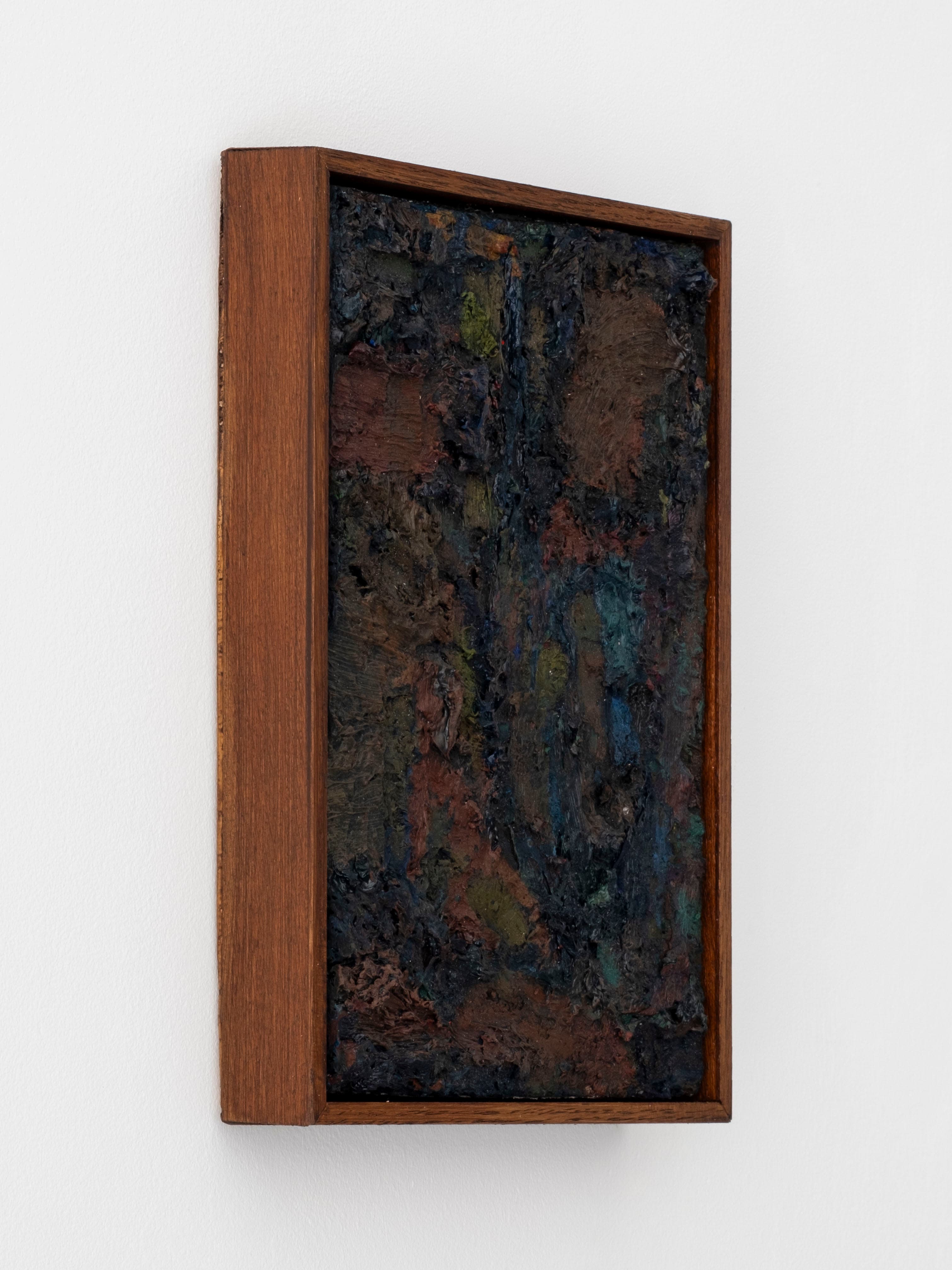 Small acrylic/oil painting by James Collins. Dark brown, green and blue oil paint on canvas, with a textural quality similar to bark from a tree.