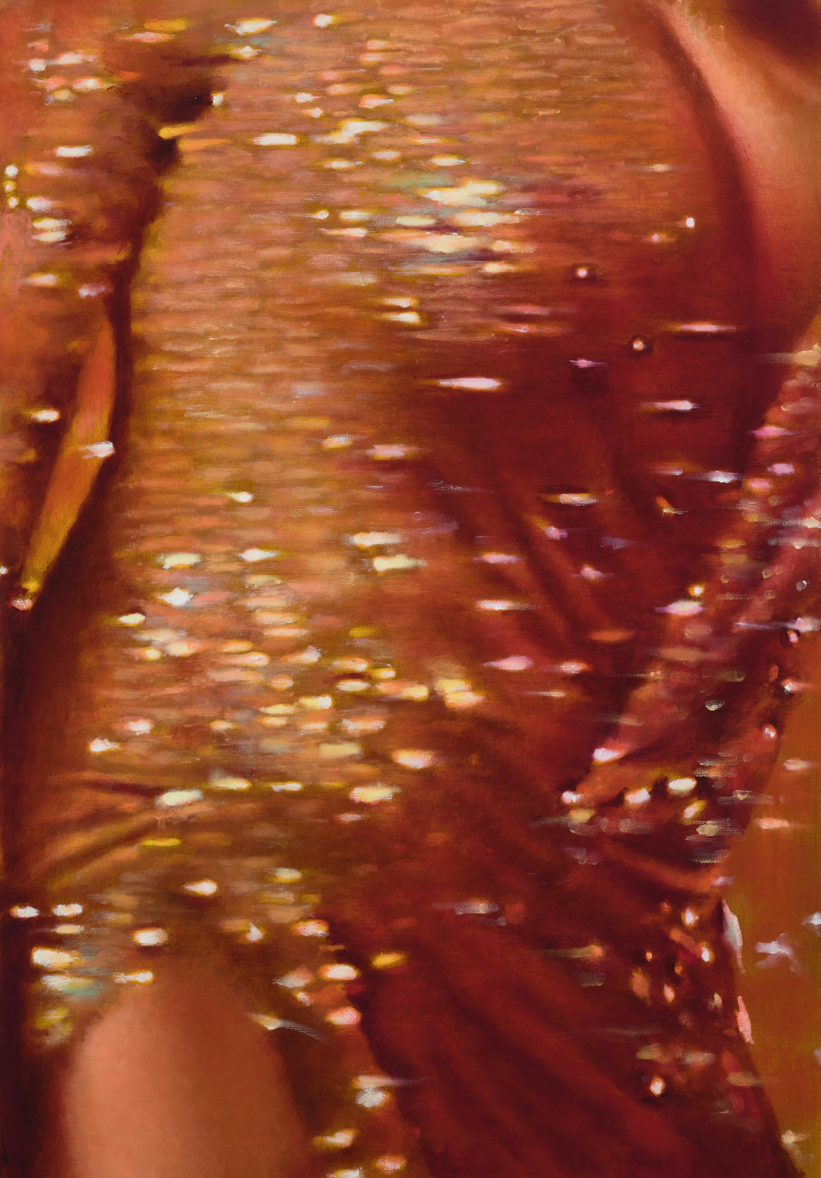 A detail image of Louise Giovanelli's painting 'Orbiter'. A close up of a female figure wearing a gold sequinned dress spins around creating a blurred effect. 