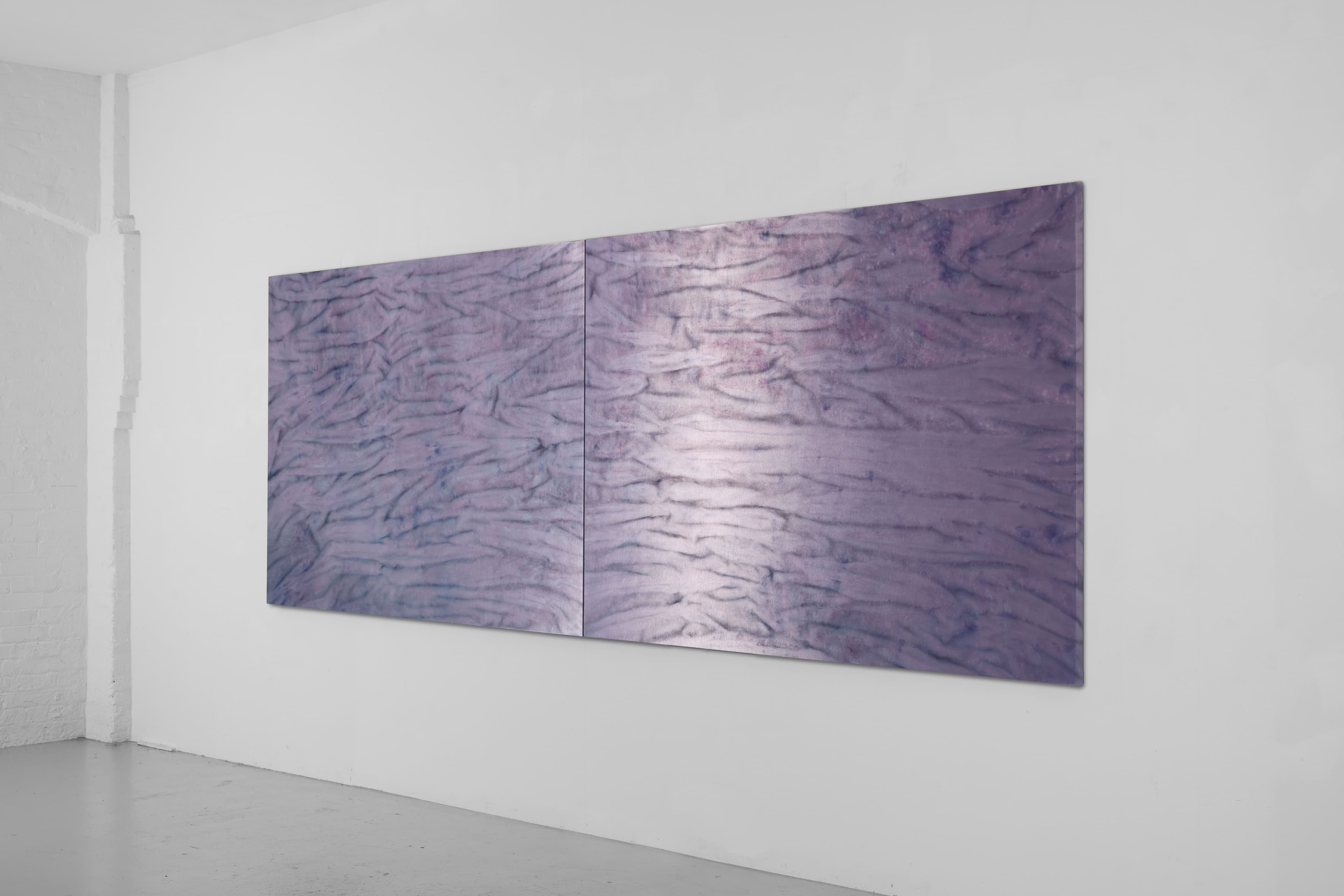 Large diptych painting by Max Boyla. Dark purple horizontal line markings on a lighter purple background.