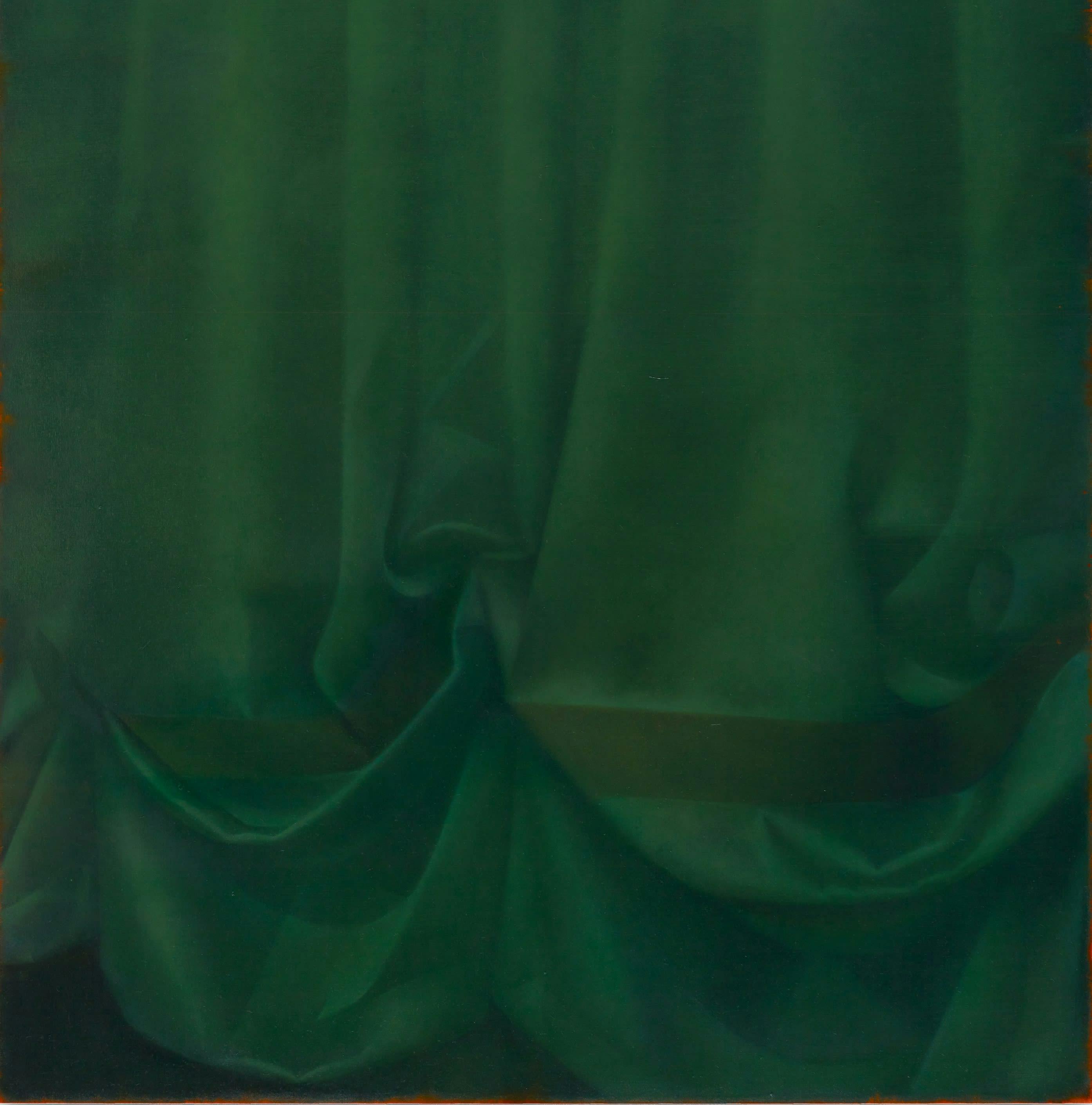 A detail of 'Dyer' by Louise Giovanelli. A painting of a thick curtain in muted greens.