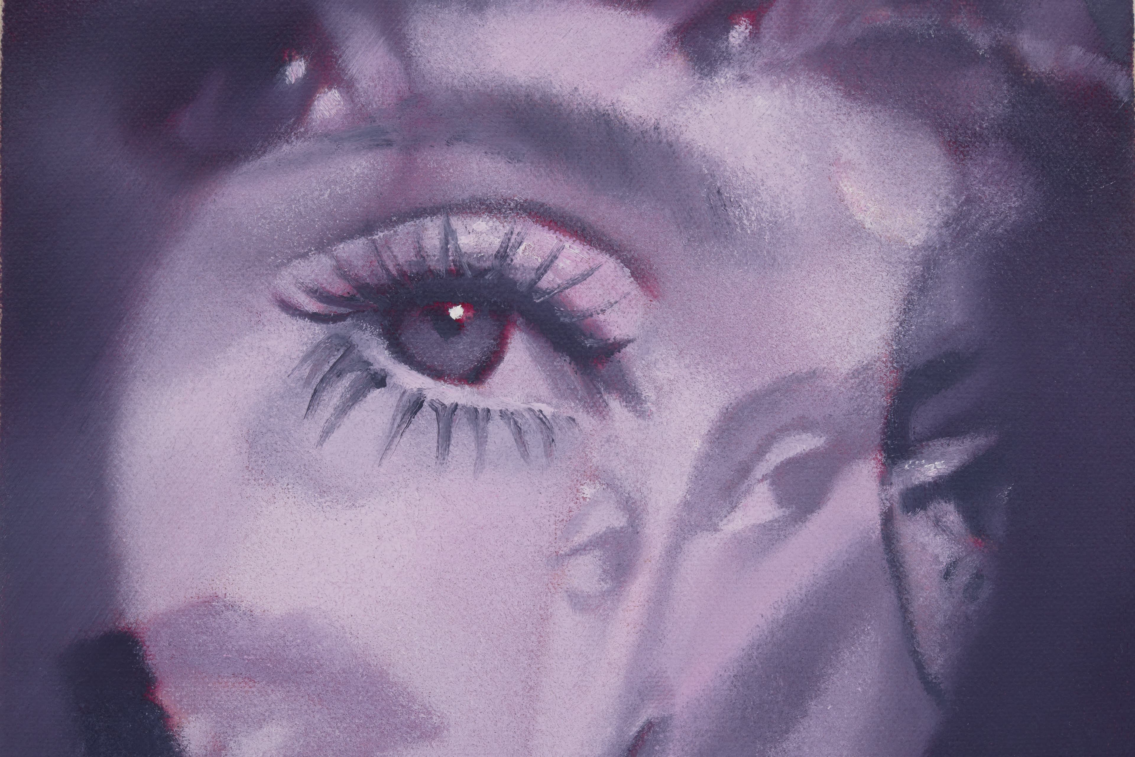 a photo of Julia Maiuri Gazing Ball, 2023 Oil on canvas 20.3 x 20.3 cm 8 x 8 in,  a painting in a purple hue of a close up of an eye montaged over a face from film noir movie