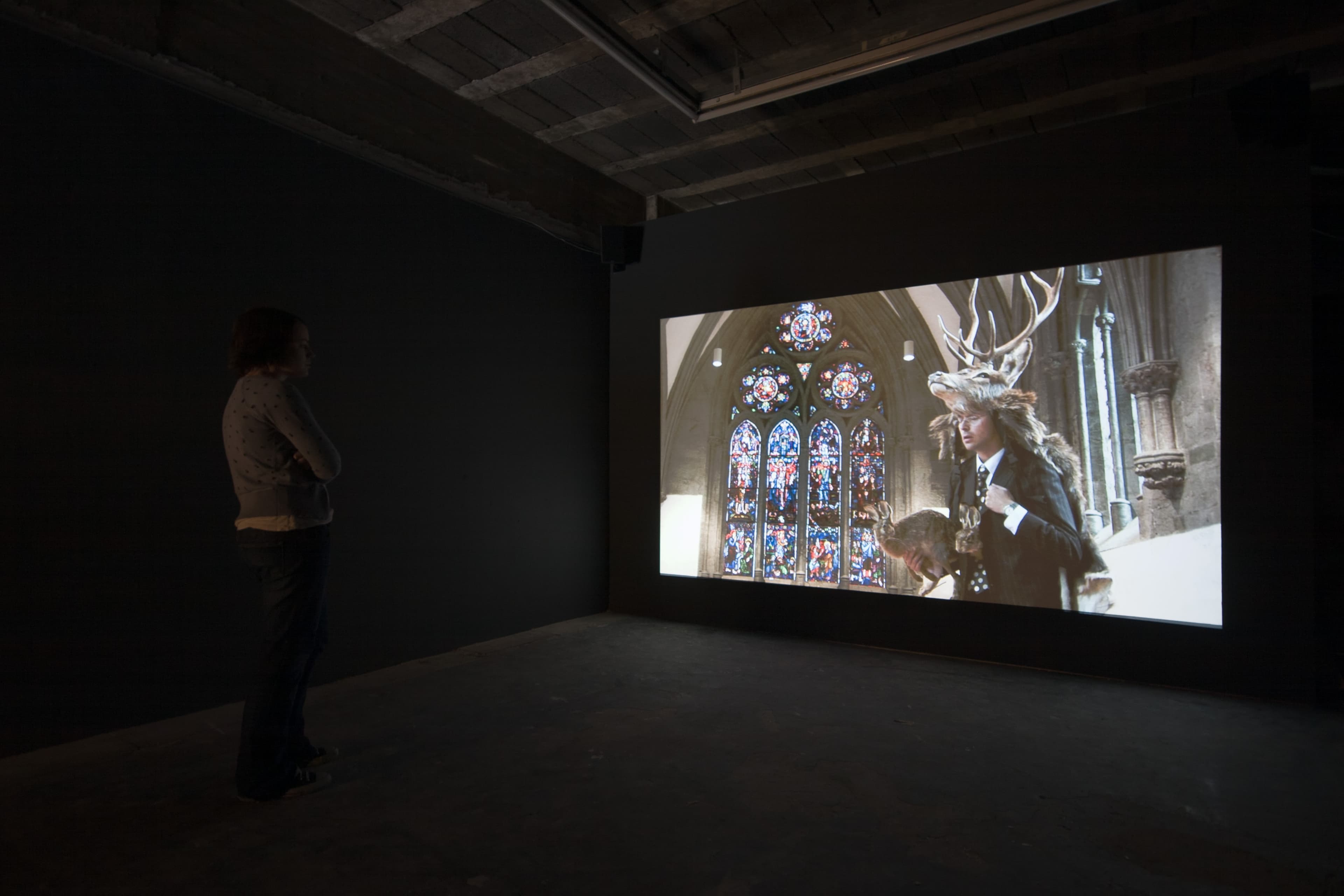 Installation shots of False Witness - an exhibition of artworks by Eric Bainbridge, Marcus Coates, Francis Gomila, Laura Lancaster, Ant Macari, and Cecilia Stenbom at Workplace in Gateshead