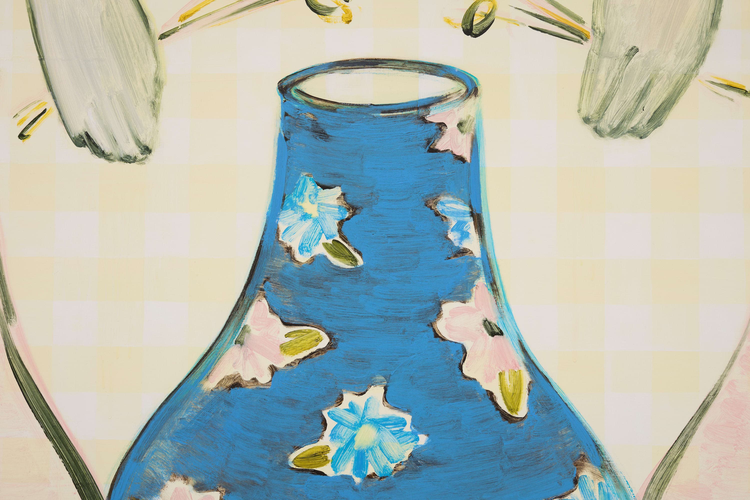 a crop of a painting 'Monsoon Vase' by Sooim Jeong which depicts a bright blue floral vase with hands above and below it