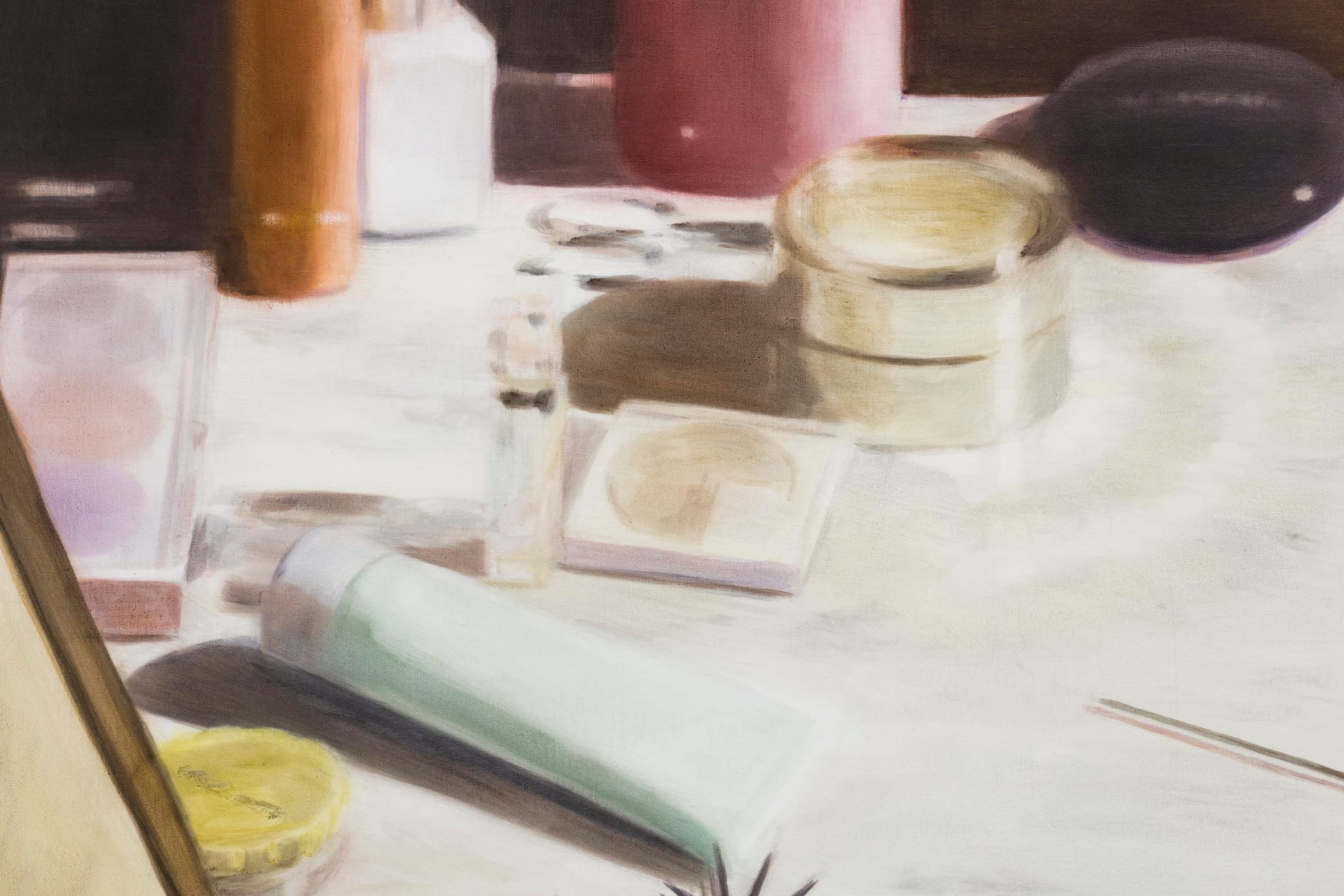 A detail crop of a painting by Rachel Lancaster of a hazy makeup table with implements