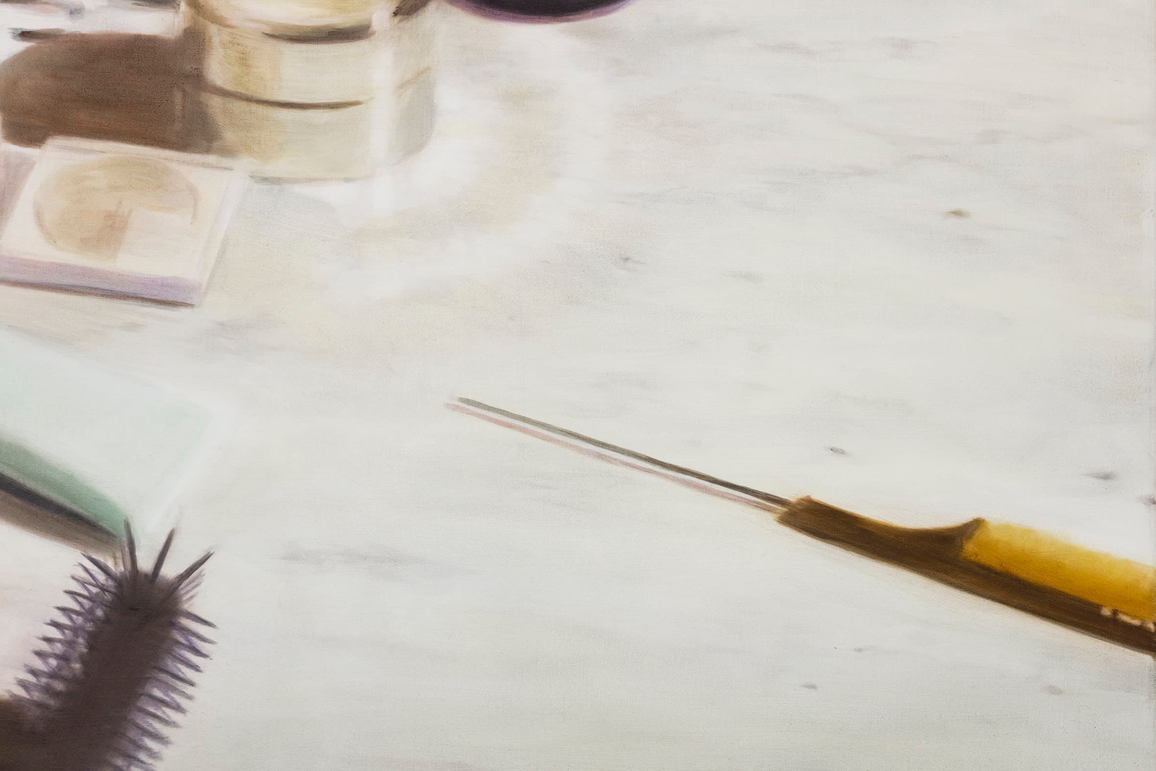 A detail crop of a painting by Rachel Lancaster of a hazy makeup table with implements