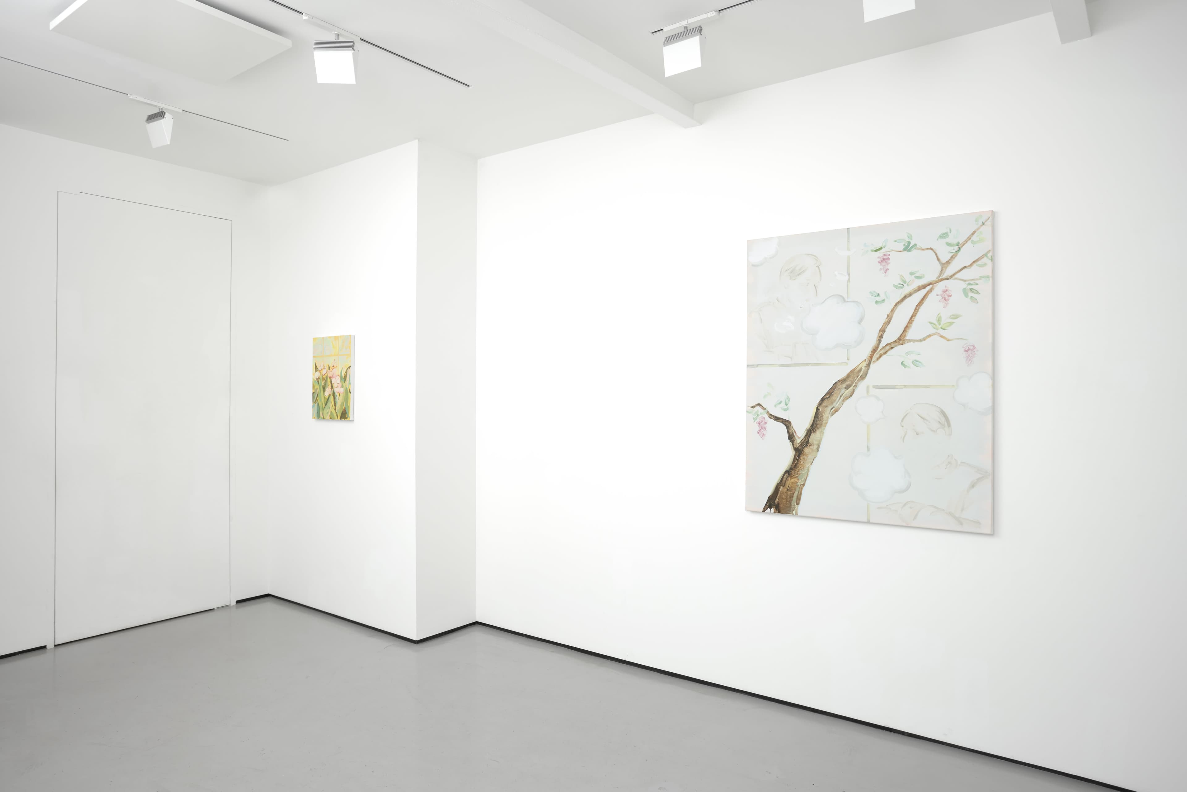 Sooim Jeong's paintings for her exhibition 'Summer Remains' presented in the minimal white walled and grey floored basement space of Workplace, 50 Mortimer Street