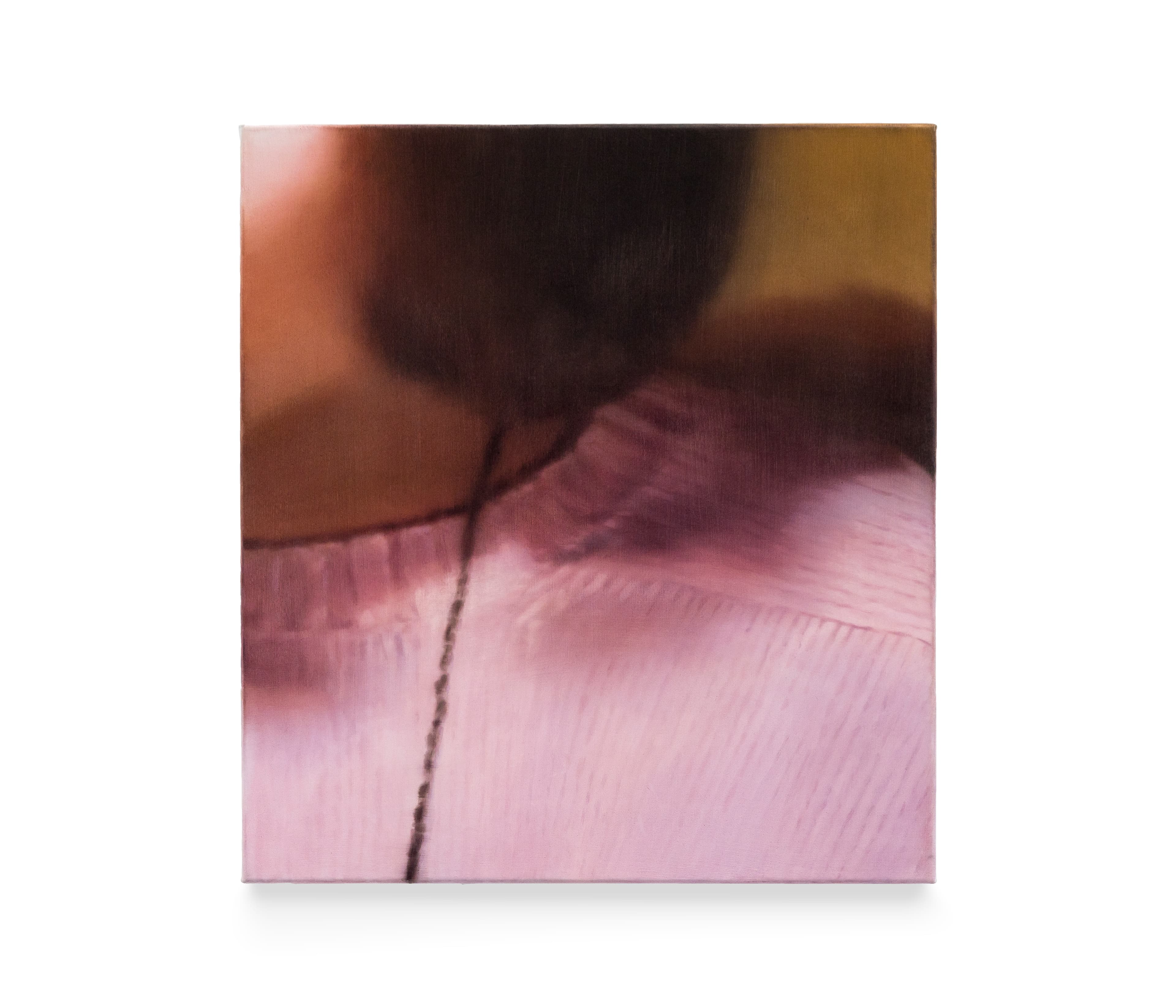 A painting of a shoulder and neck with a thin plait of hair over a pink jumper 