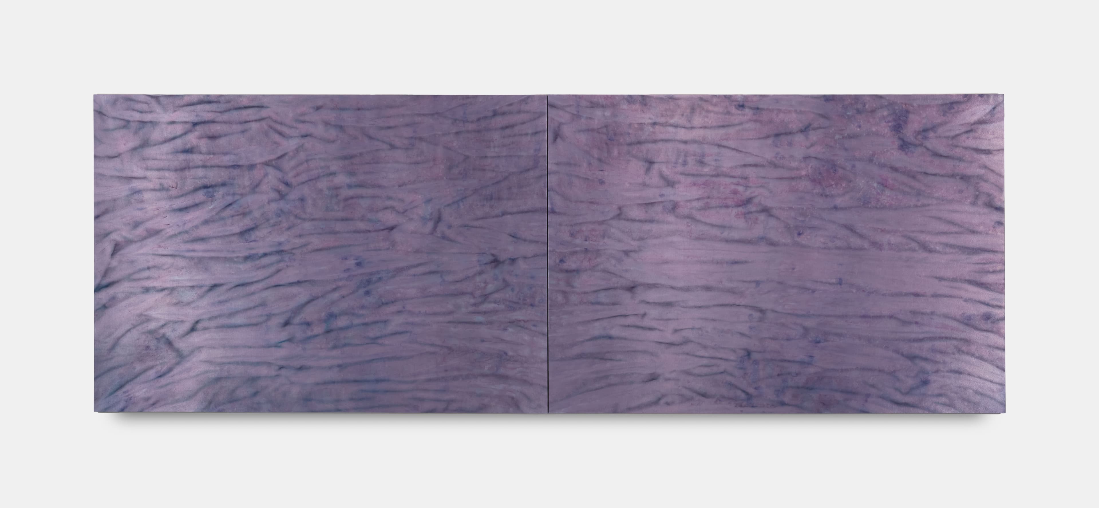 Large diptych painting by Max Boyla. Dark purple horizontal line markings on a lighter purple background.