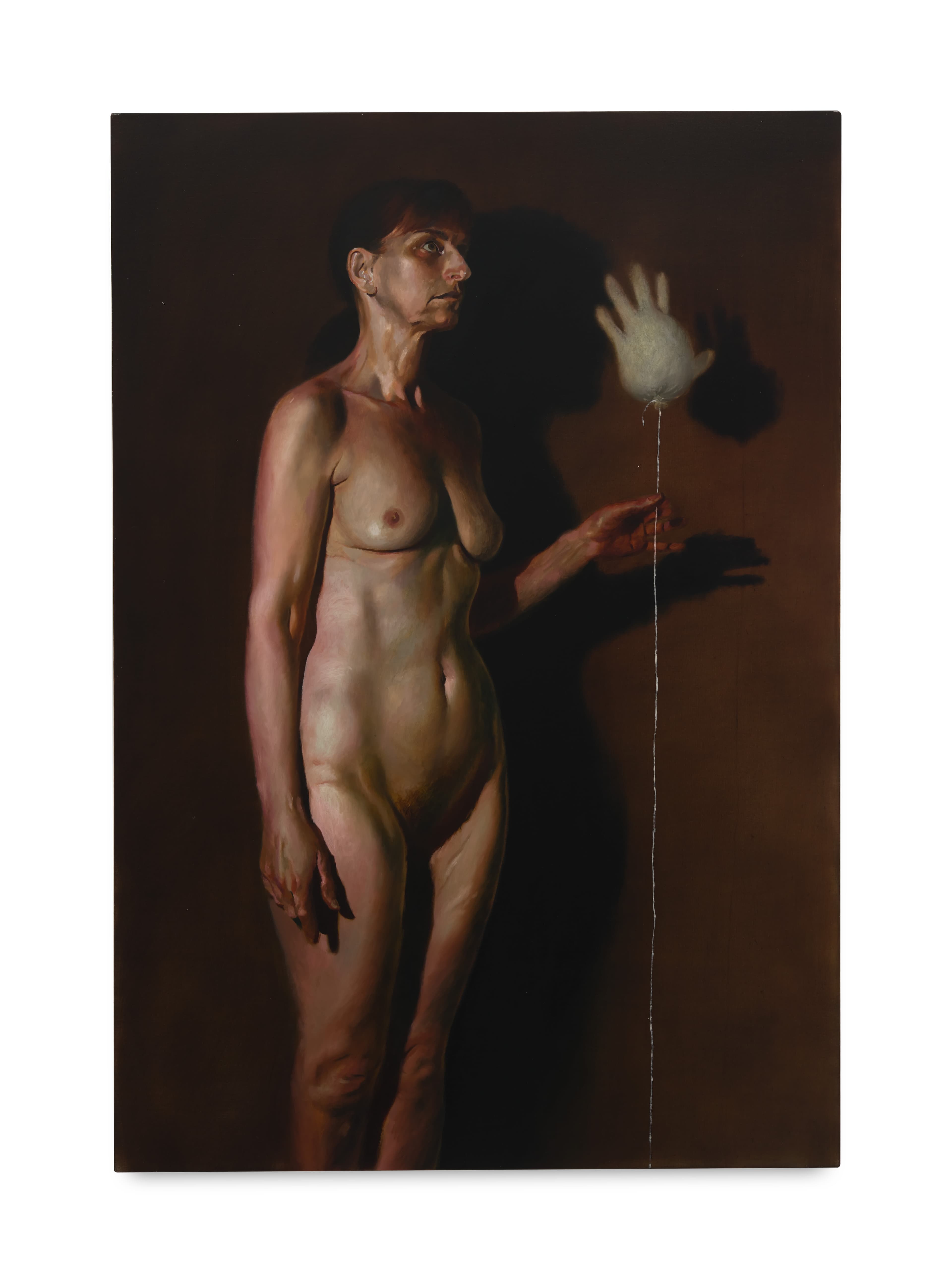 Oil on linen painting of a female nude holding a glove shaped balloon