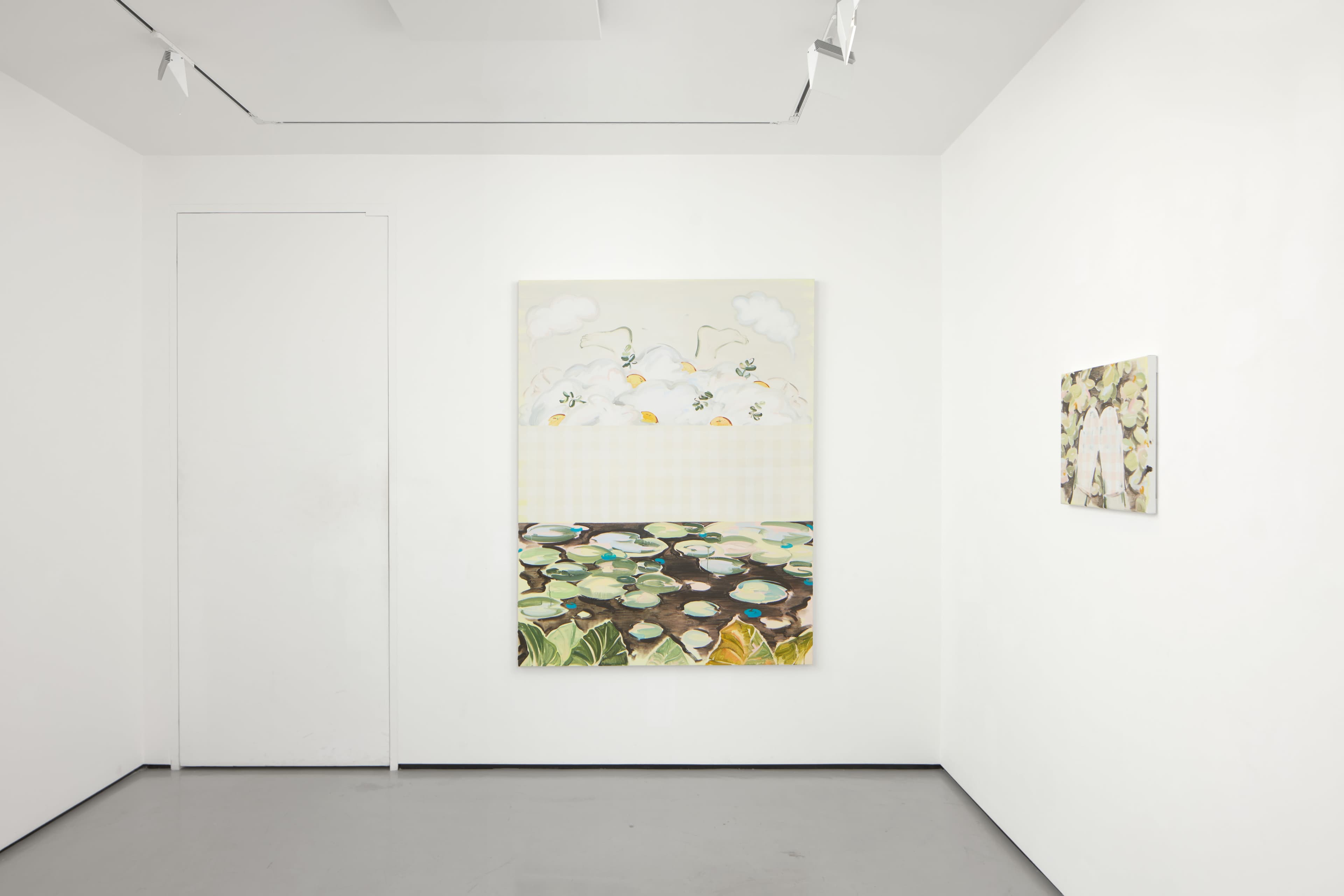 Sooim Jeong's paintings for her exhibition 'Summer Remains' presented in the minimal white walled and grey floored basement space of Workplace, 50 Mortimer Street