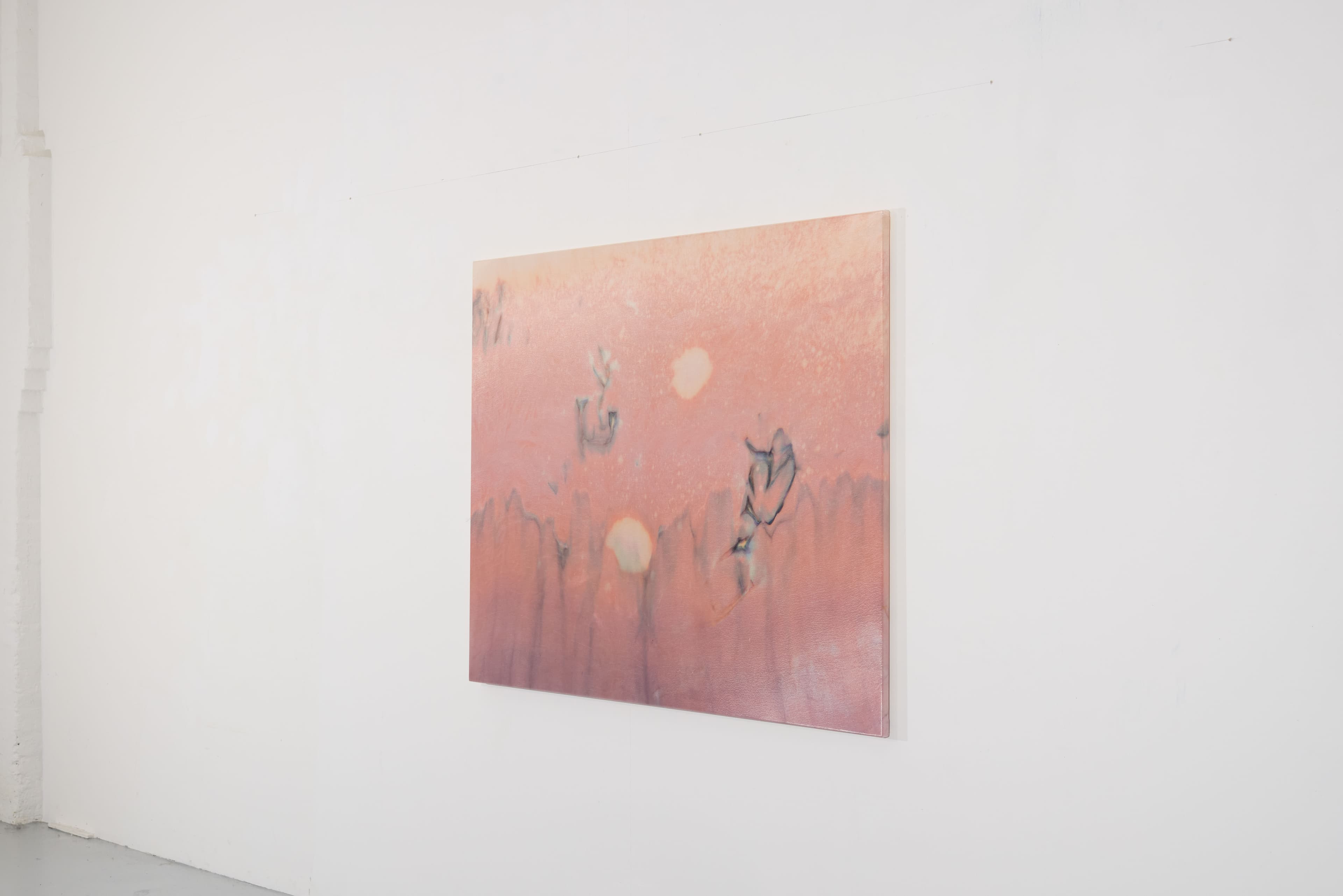 Medium sized painting by Max Boyla. Pink background with two bleached white and pale pink circles in the middle of the canvas, and grey marble markings. 