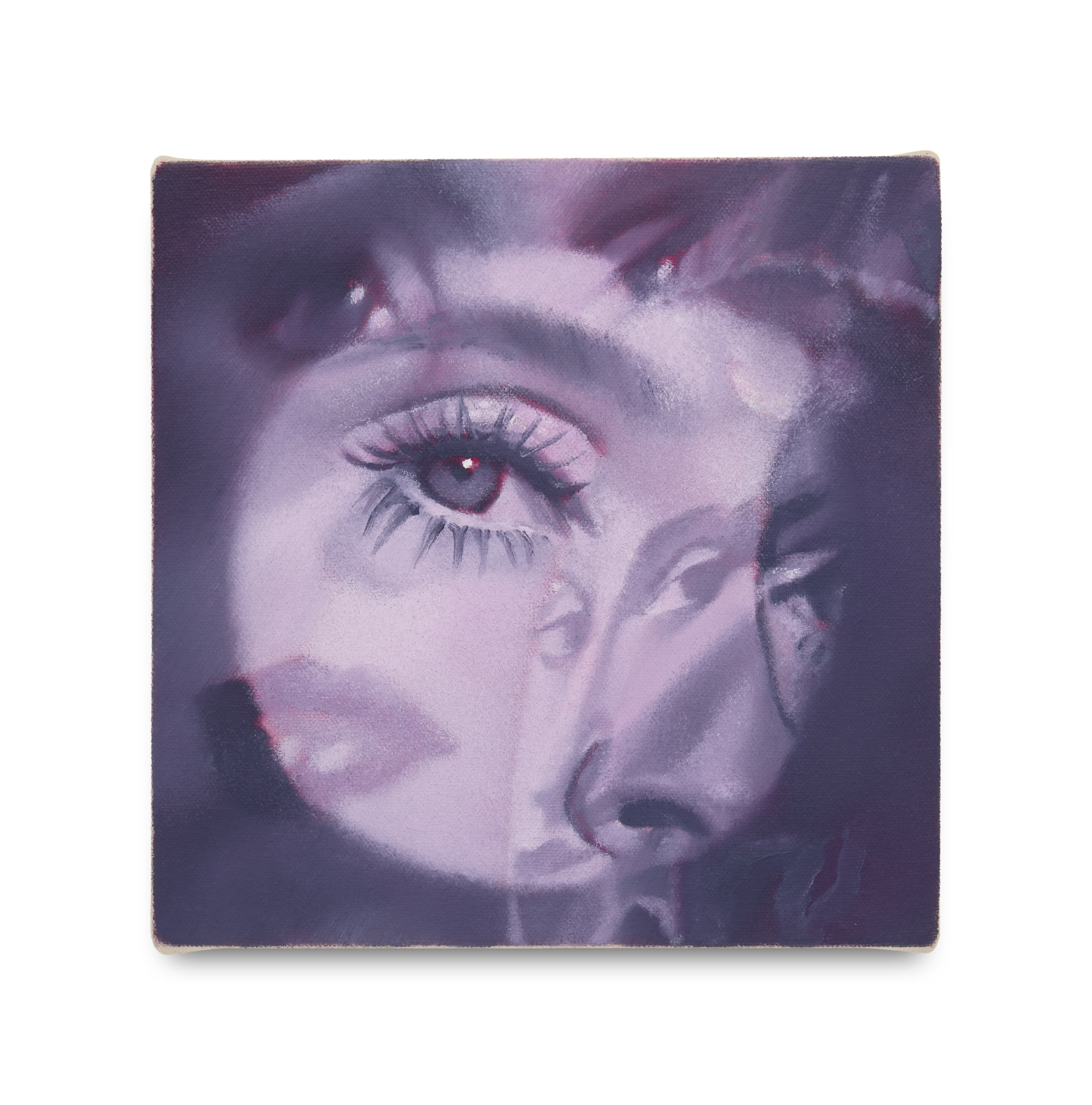 a photo of Julia Maiuri Gazing Ball, 2023 Oil on canvas 20.3 x 20.3 cm 8 x 8 in,  a painting in a purple hue of a close up of an eye montaged over a face from film noir movie