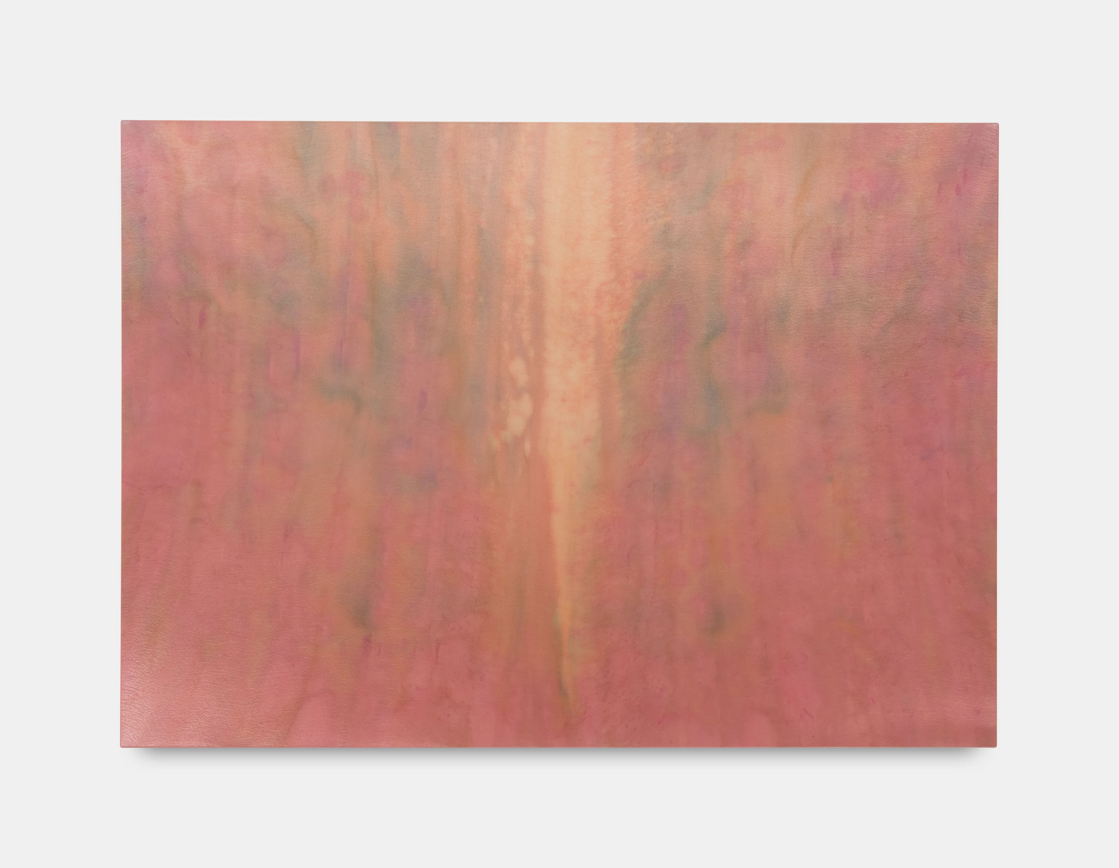 Medium sized painting by Max Boyla. Salmon pink background with marbled markings on the left and right hand side of the canvas divided by a light pink bleached line.