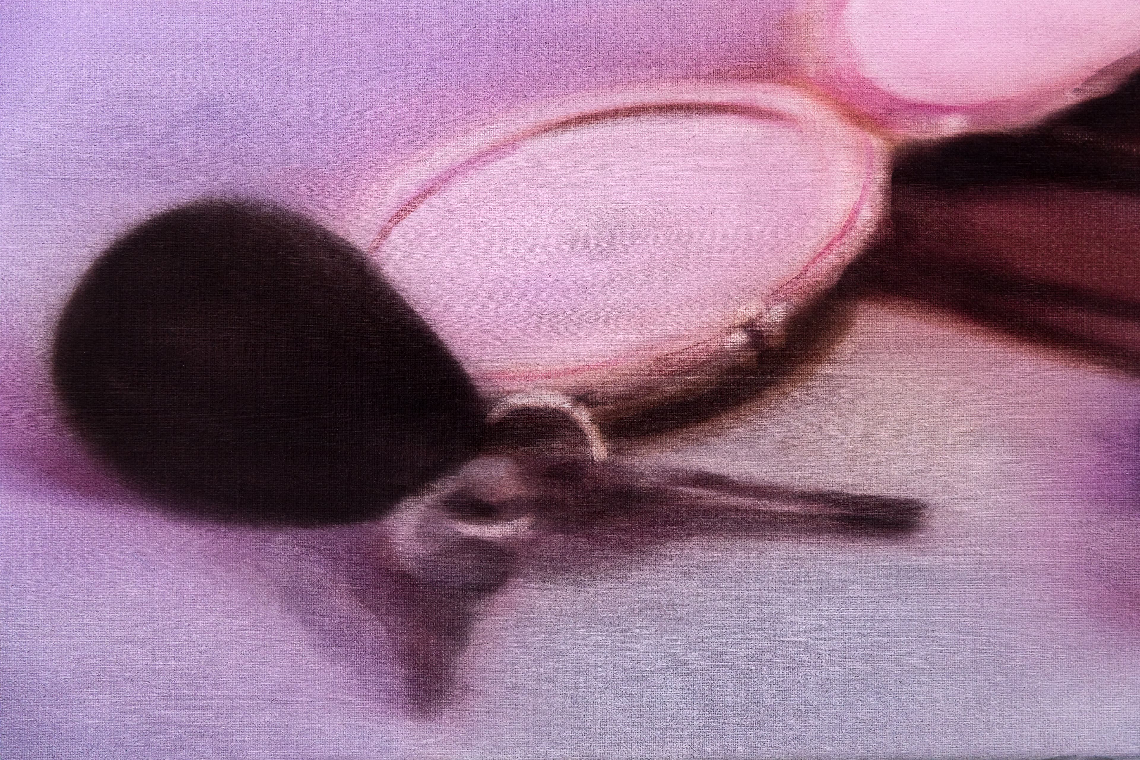 Crop of a pink painting by Rachel Lancaster of a compact mirror and other objects coming out of a bag on a table