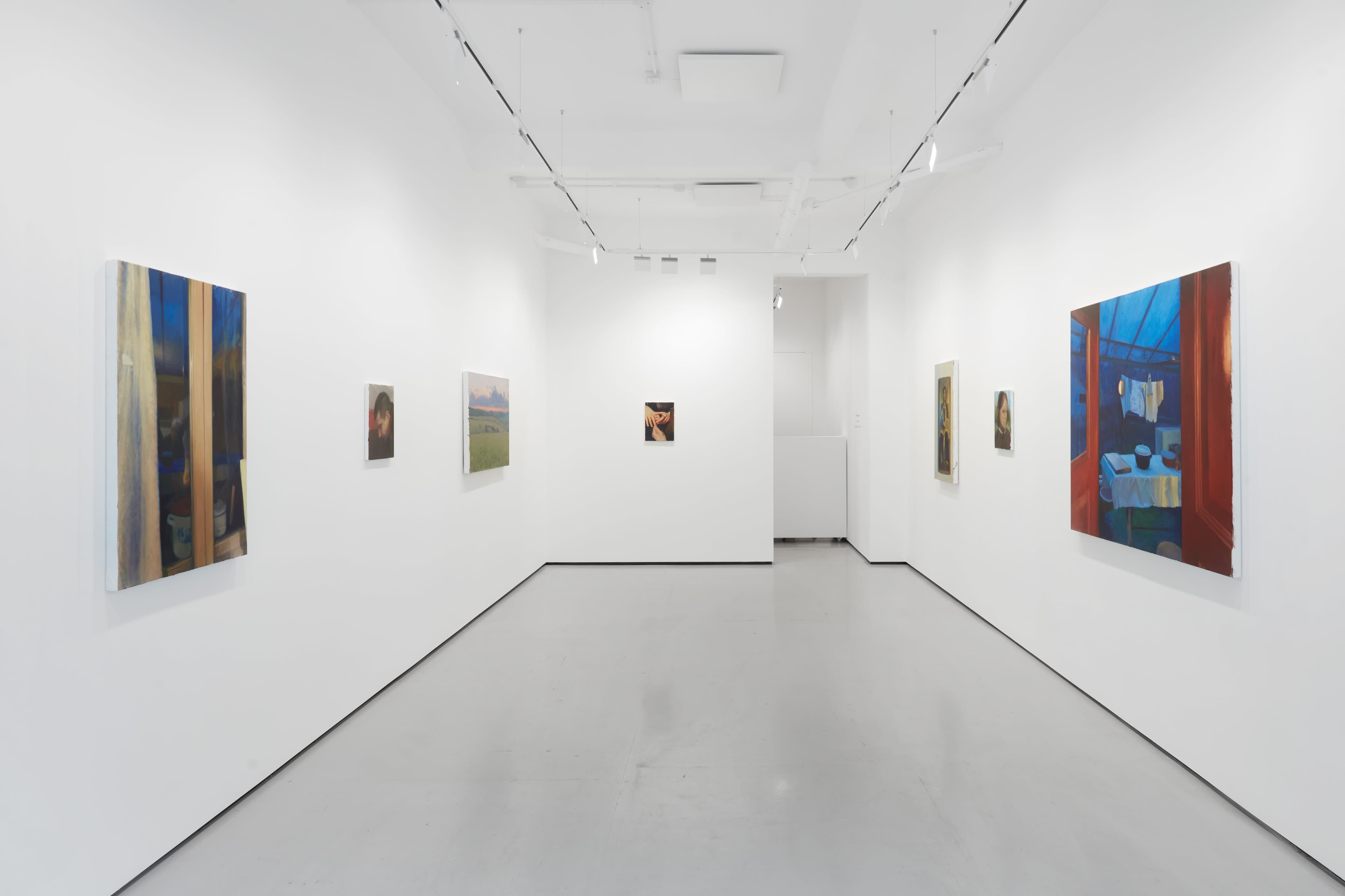 Installation shots of Cristian Avram's exhibition 'Lapse' at Workplace in London. An exhibition of oil paintings in a minimal white gallery space. 