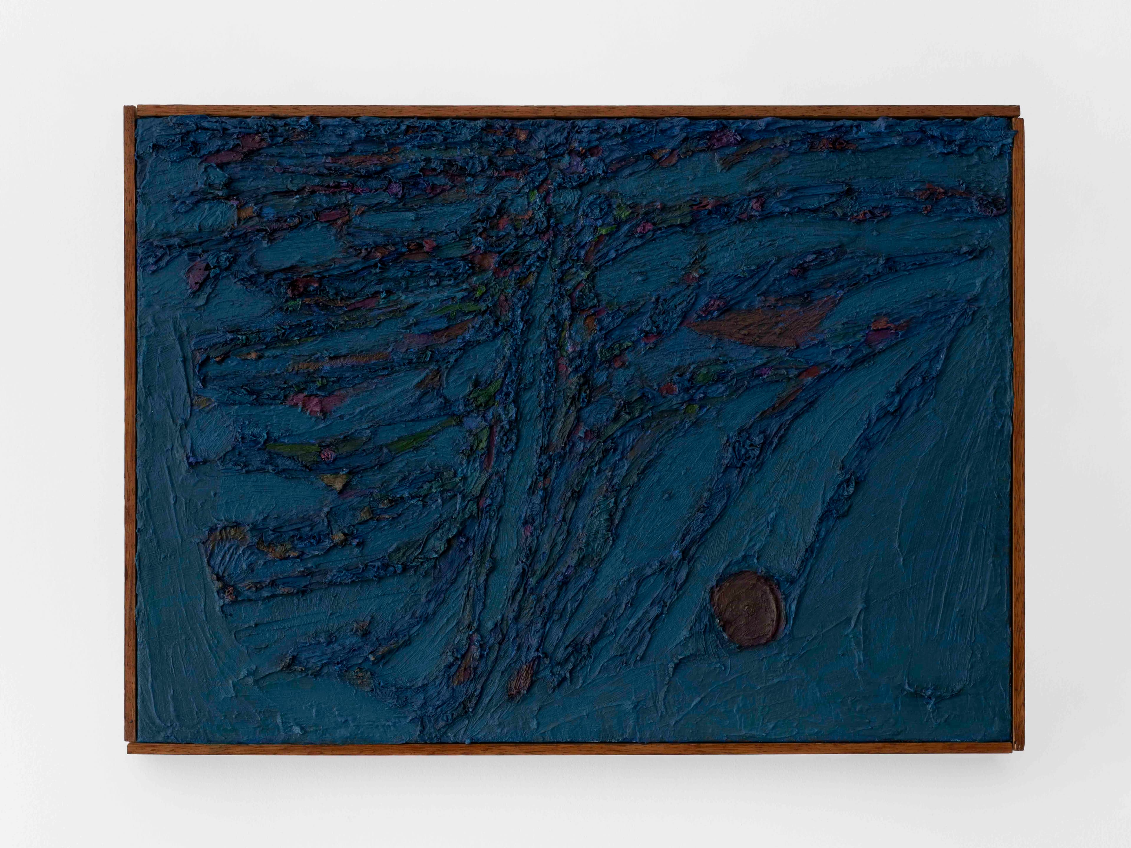 Medium acrylic/oil painting by James Collins. Dark blue oil paint on canvas, with a textural organic quality.