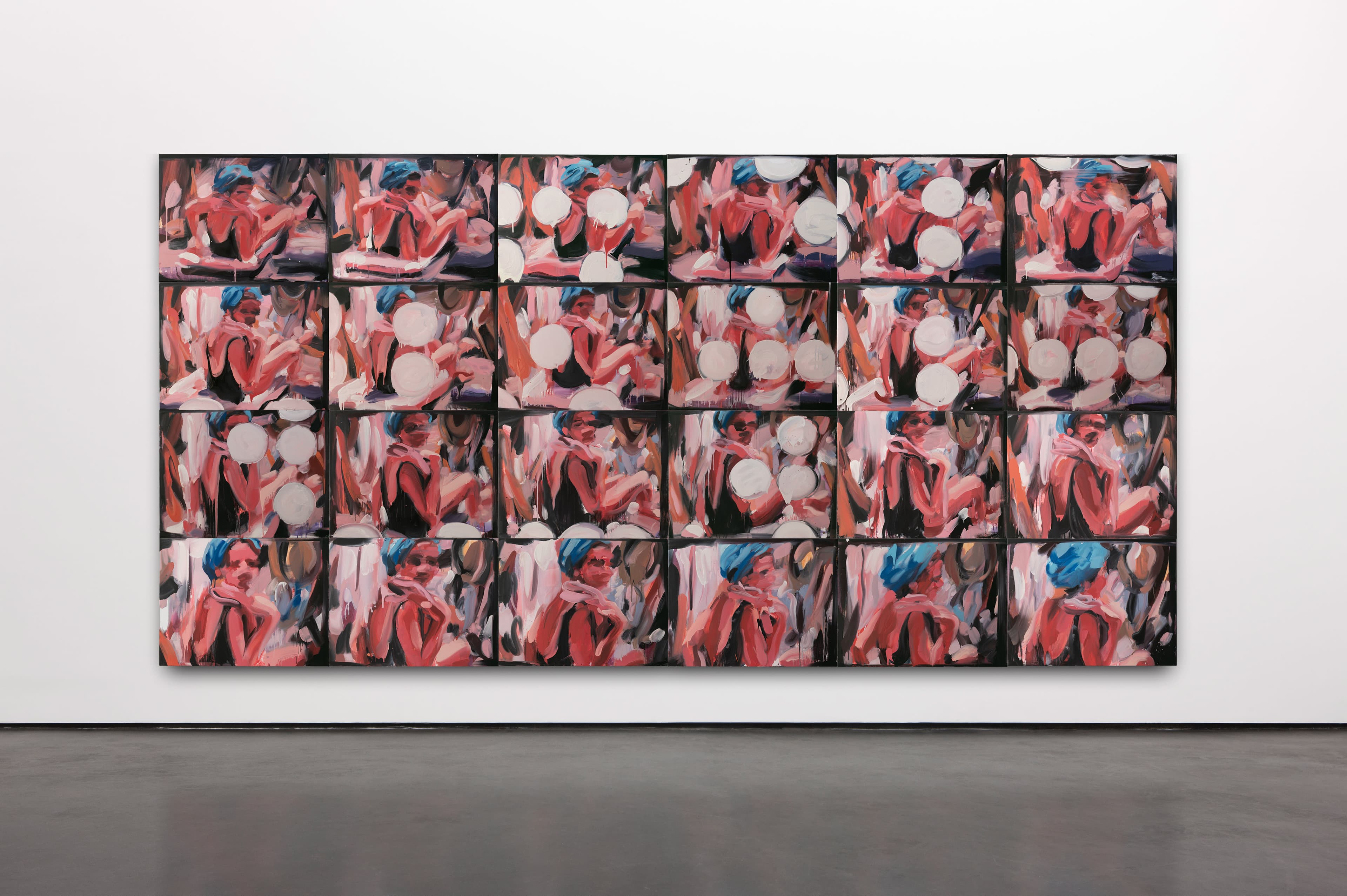 A painting installation by Laura Lancaster consisting of 24 canvases - one for each frame of a cinefilm running for 1 second at 24 frames per second. A woman wearing a swimming costume and blue towel on her head turns to face the viewer, the painting is pink with abstract circles from the film. 