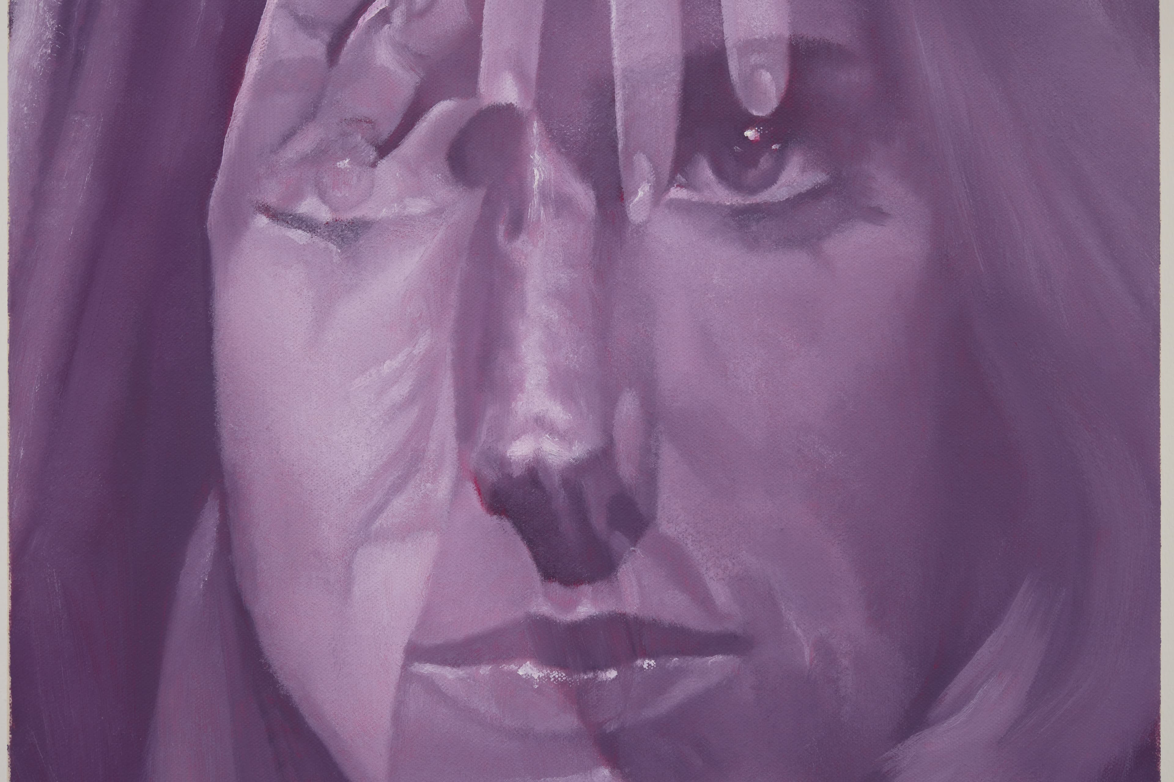 Small oil painting by Julia Maiuri. Two scenes superimposed on top of each other showing a portrait of a woman's head and two hands reaching out. Painting is purple