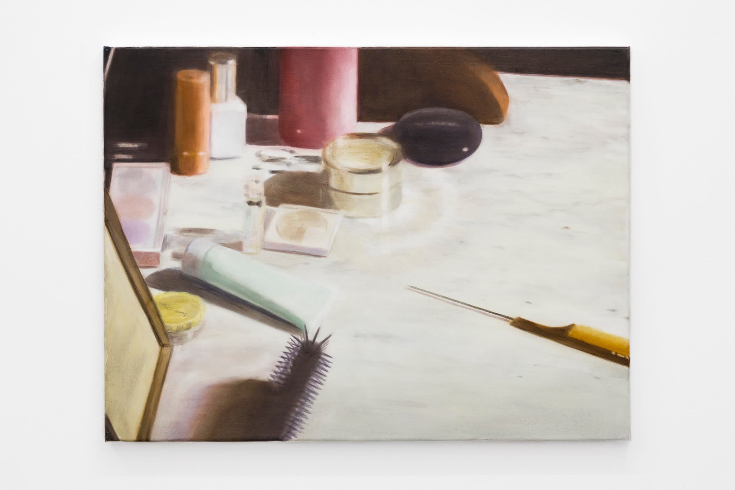 A painting by Rachel Lancaster of a hazy makeup table with implements