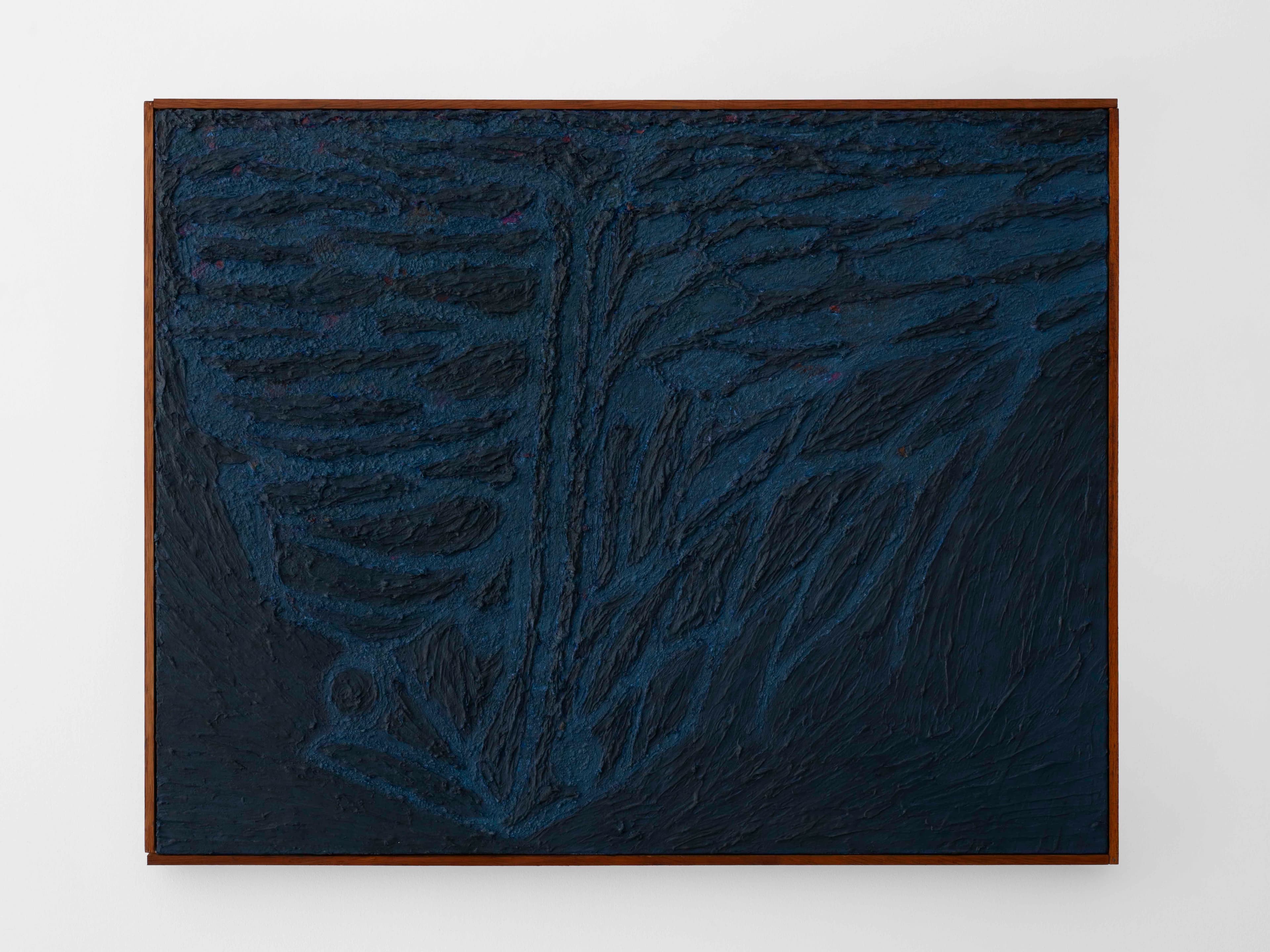 Medium acrylic/oil painting by James Collins. Dark blue oil paint on canvas, with a textural organic quality.