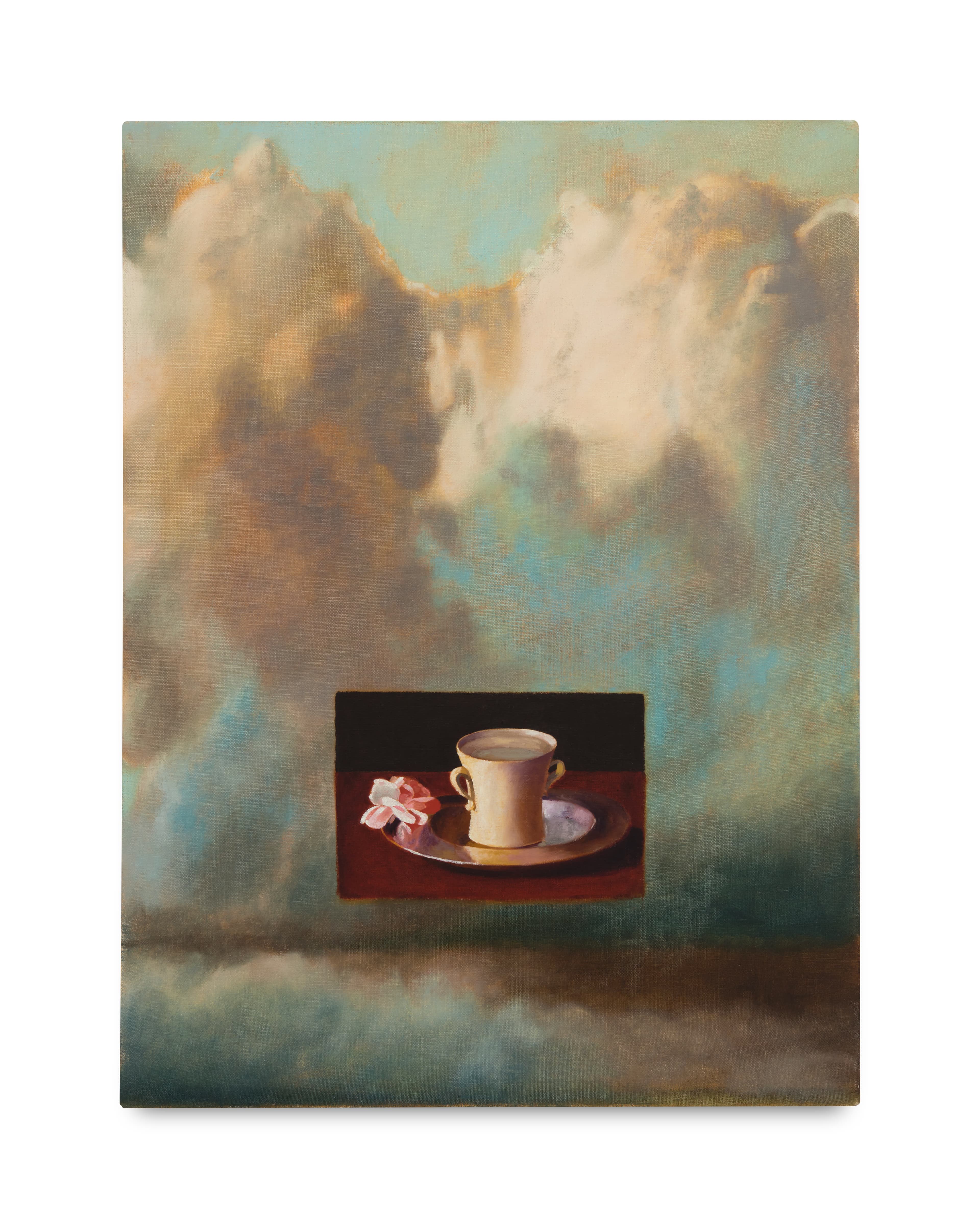 Oil on linen painting of a cloud backdrop with a teacup painted as the centre image 