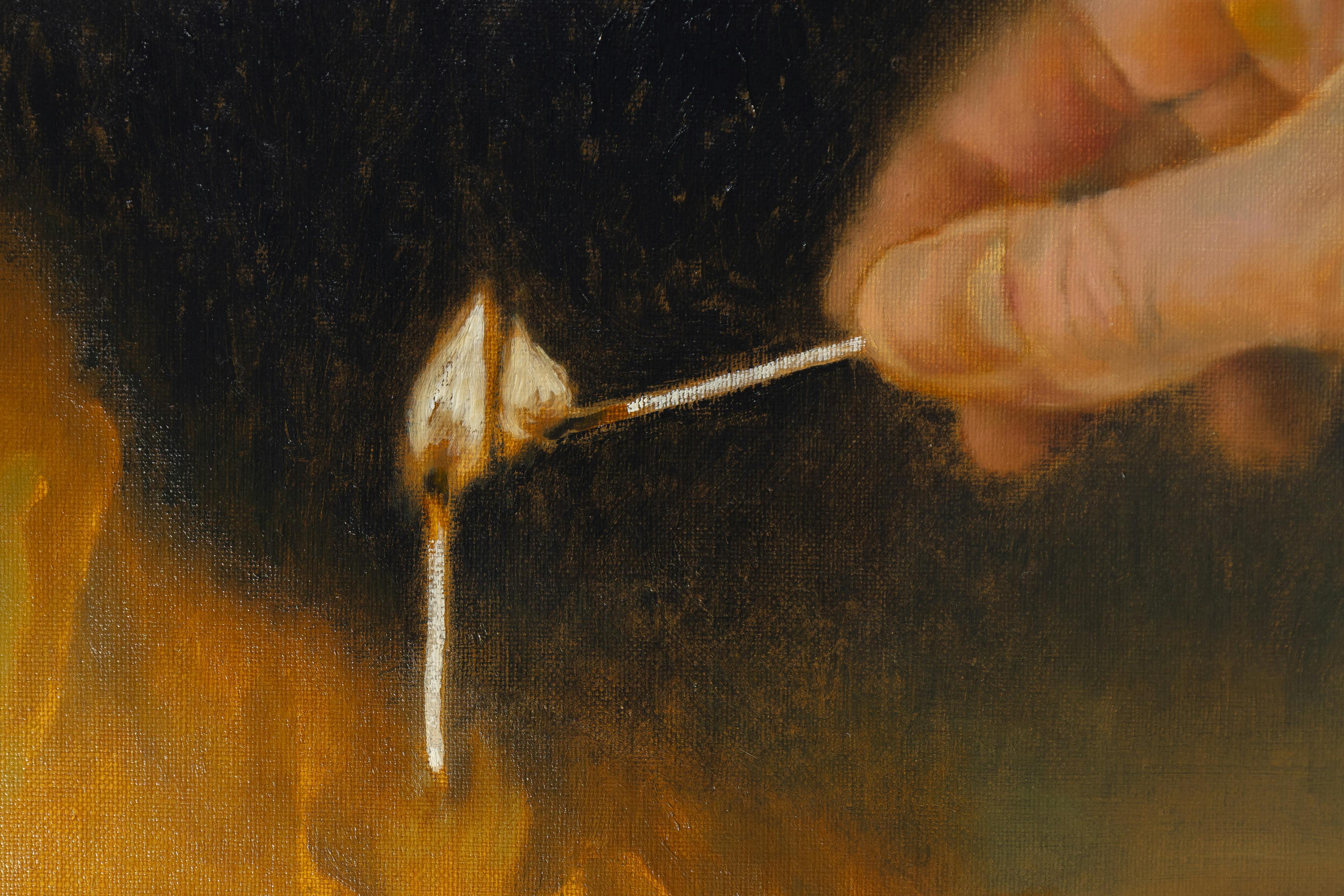 a painting of a hand lighting a match stuck in a clay sculpture of a foot with a match. 