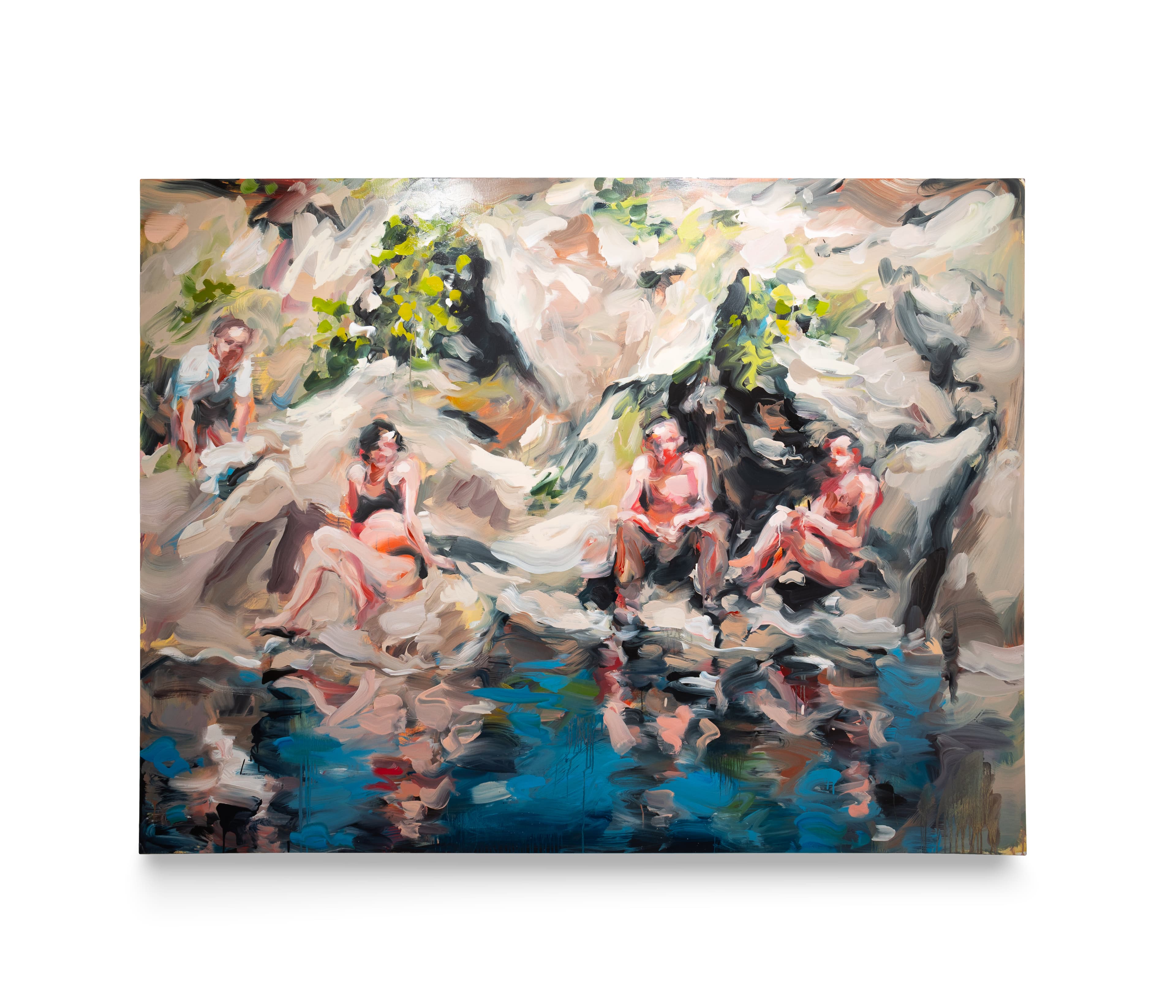 a painting of a group of semi clothed people sat next to water under a rocky cliff face