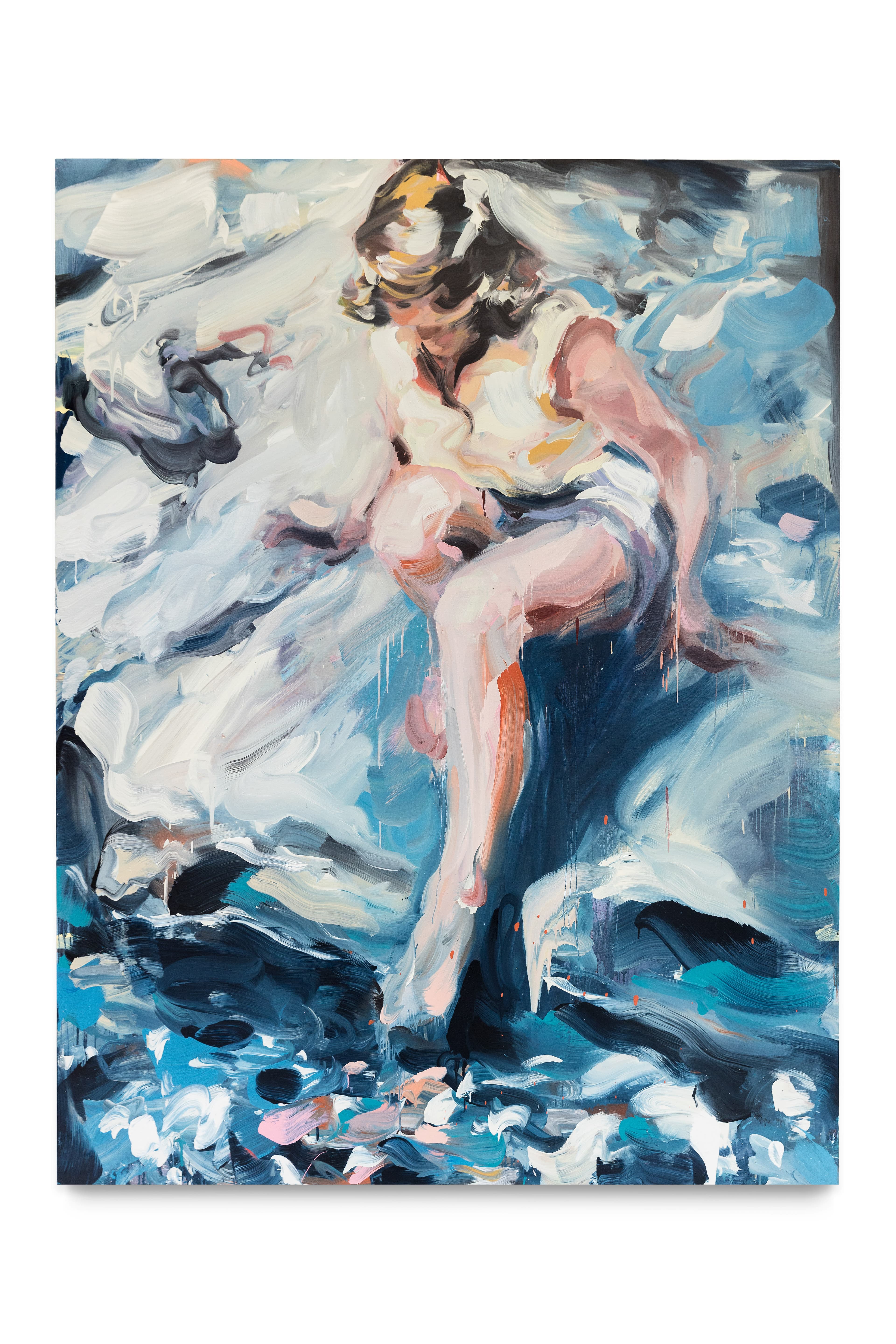 a painterly painting by Laura Lancaster depicting a figure crouching on a rock dipping her toe into water