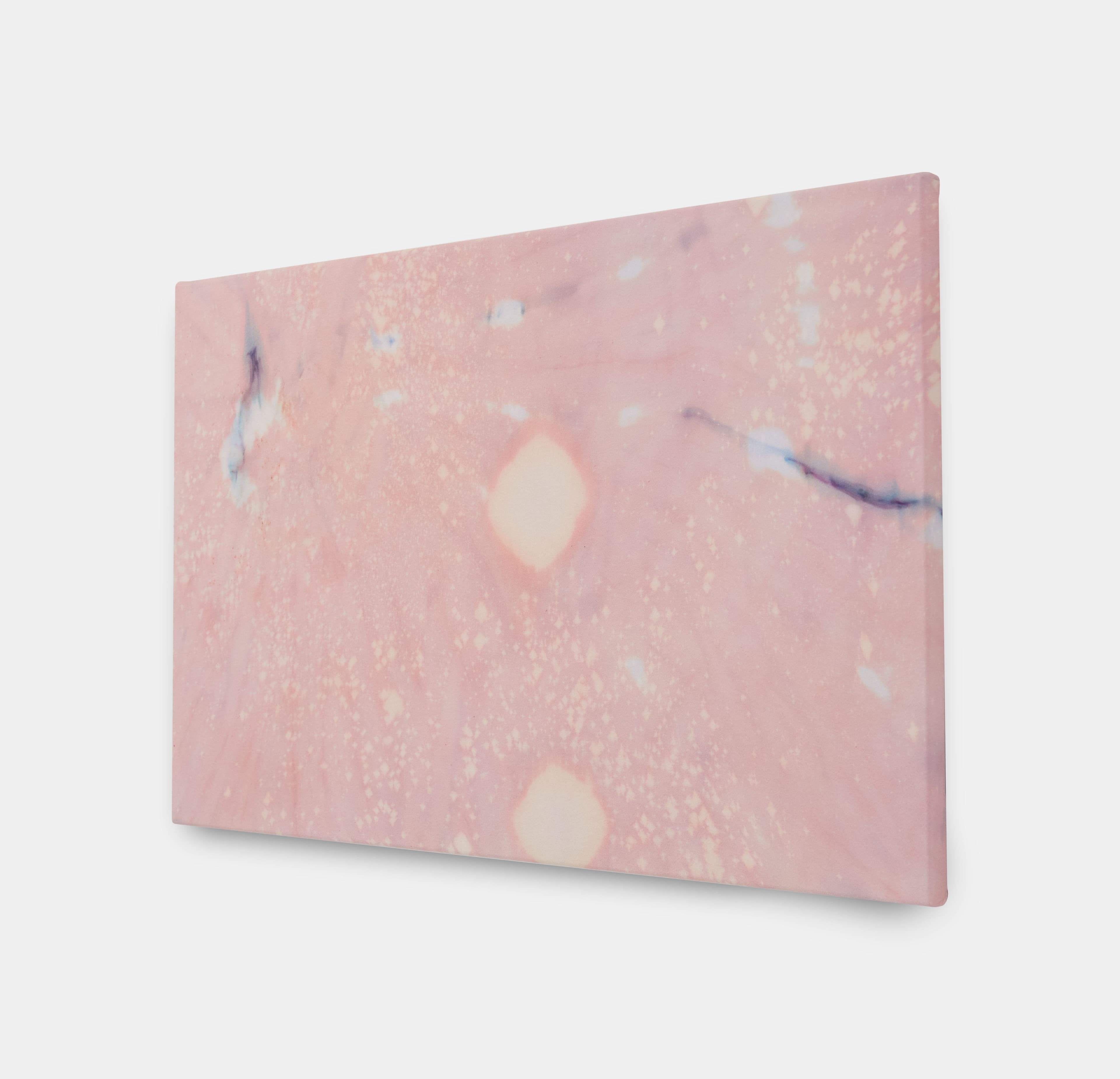 Small painting by Max Boyla. Pink background with bleached white and light pink circular markings all over the canvas and grey marbled lines on the top part.