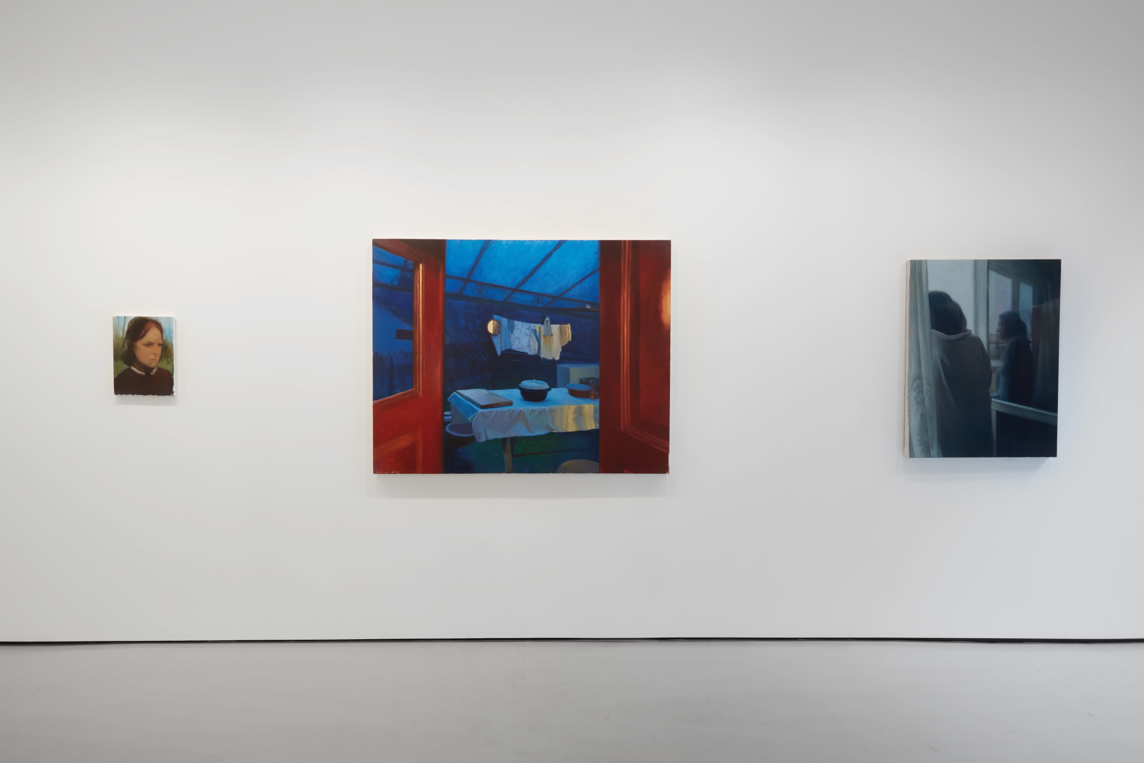 Installation shots of Cristian Avram's exhibition 'Lapse' at Workplace in London. An exhibition of oil paintings in a minimal white gallery space. 