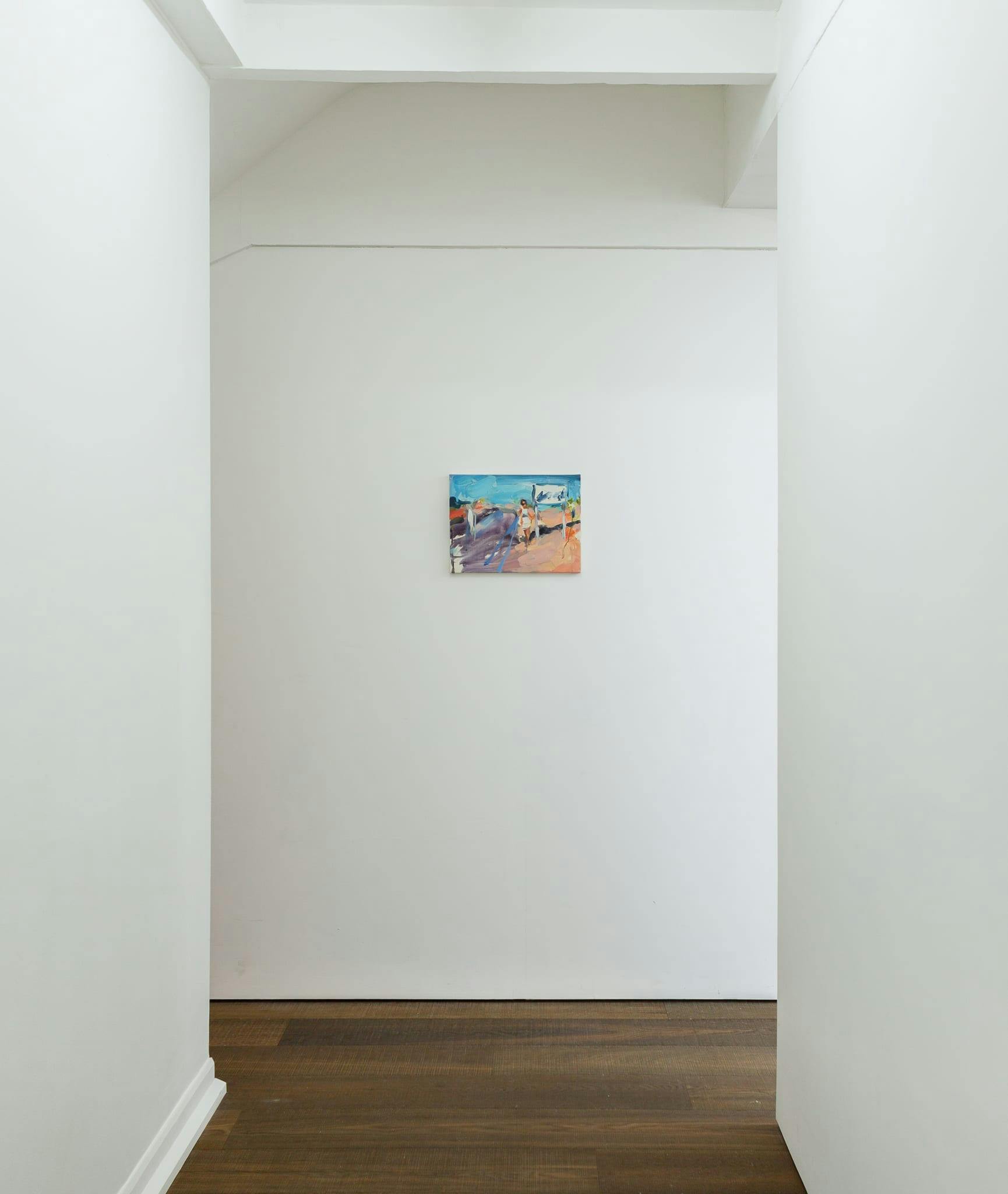 Installation shots of Laura Lancaster's solo show at Workplace London. Close up crop paintings of sleeping women and figures in landscapes, loosely painted.