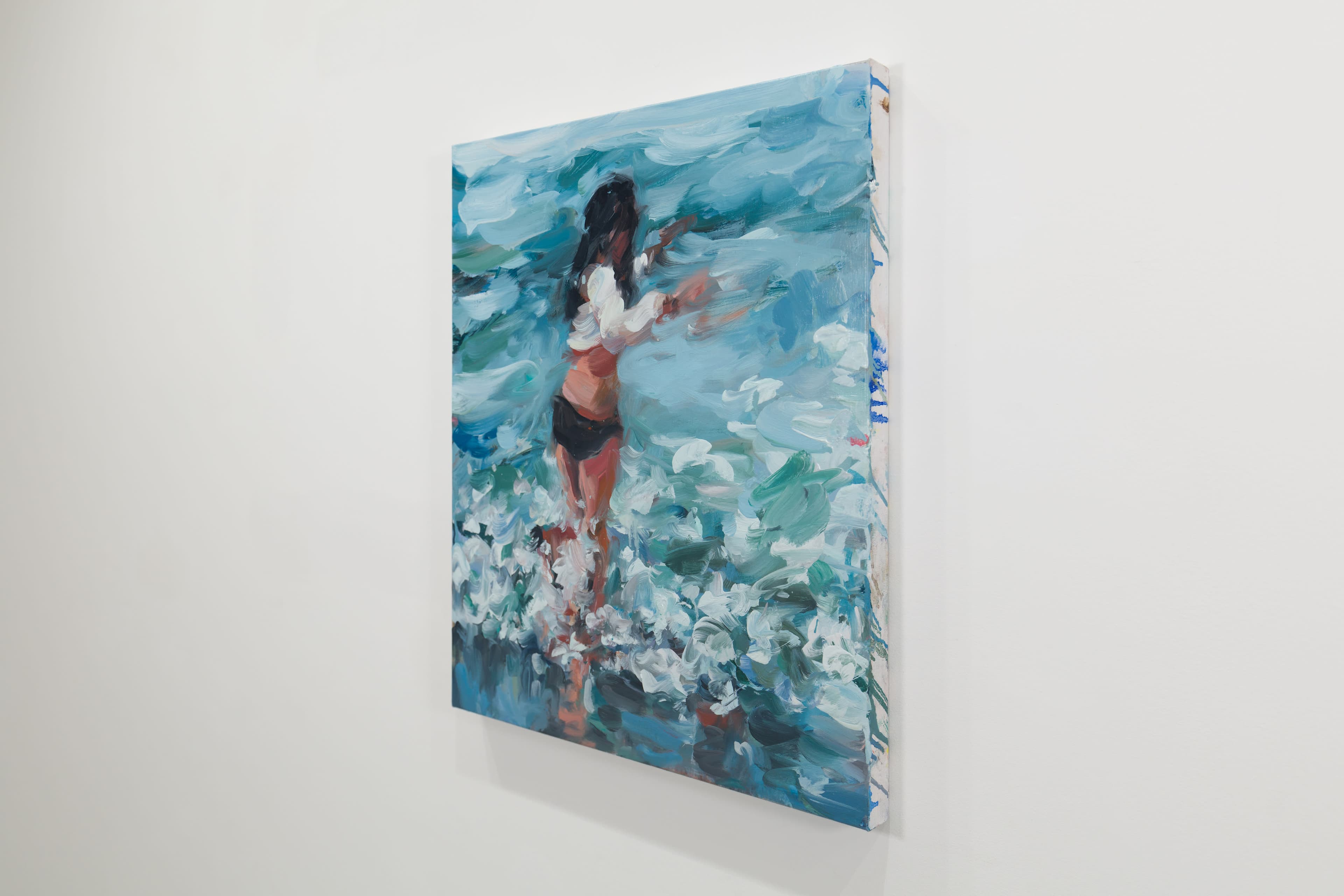 a painting by Laura Lancaster of a woman in a black bikini splashing in the waves 