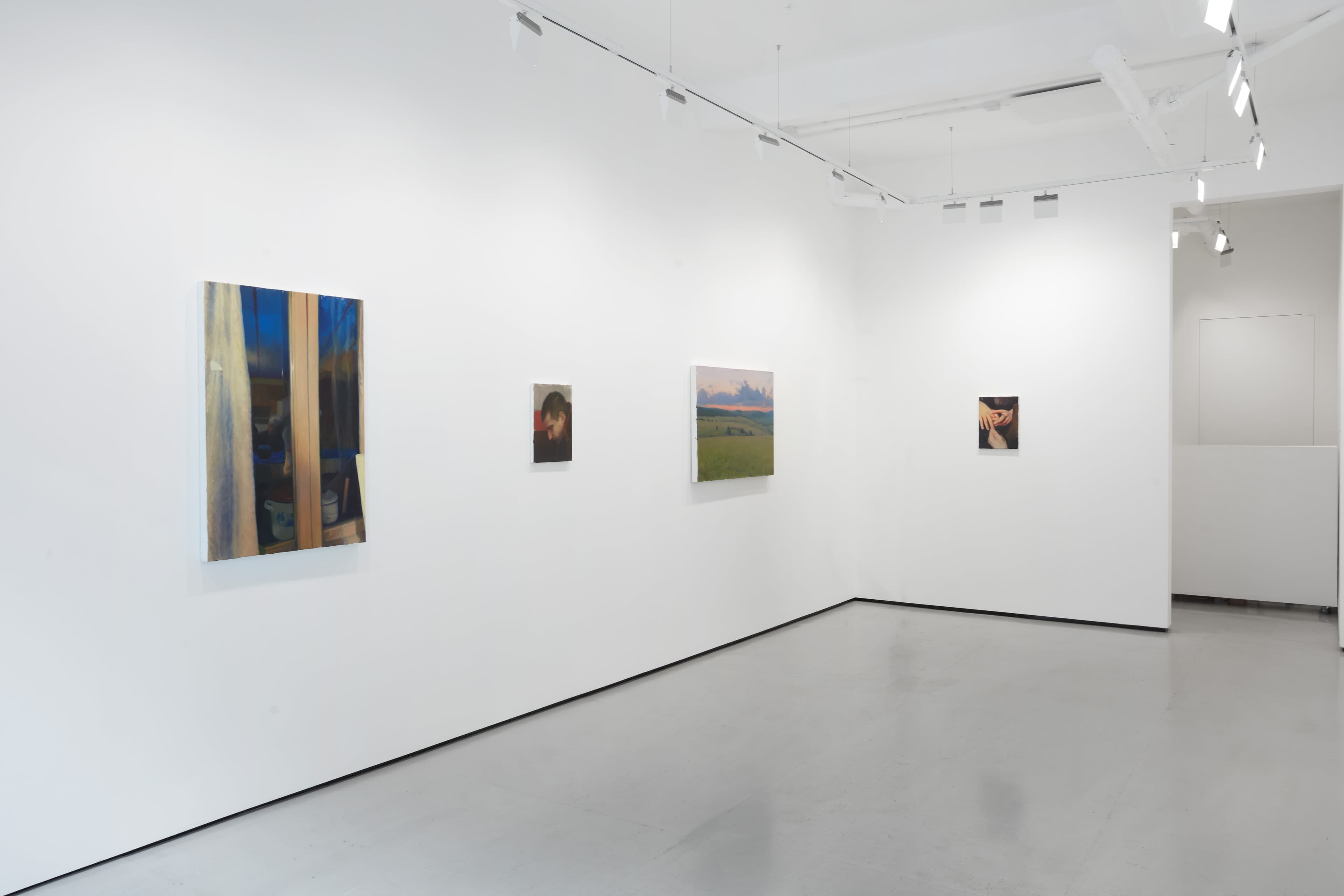 Installation shots of Cristian Avram's exhibition 'Lapse' at Workplace in London. An exhibition of oil paintings in a minimal white gallery space. 