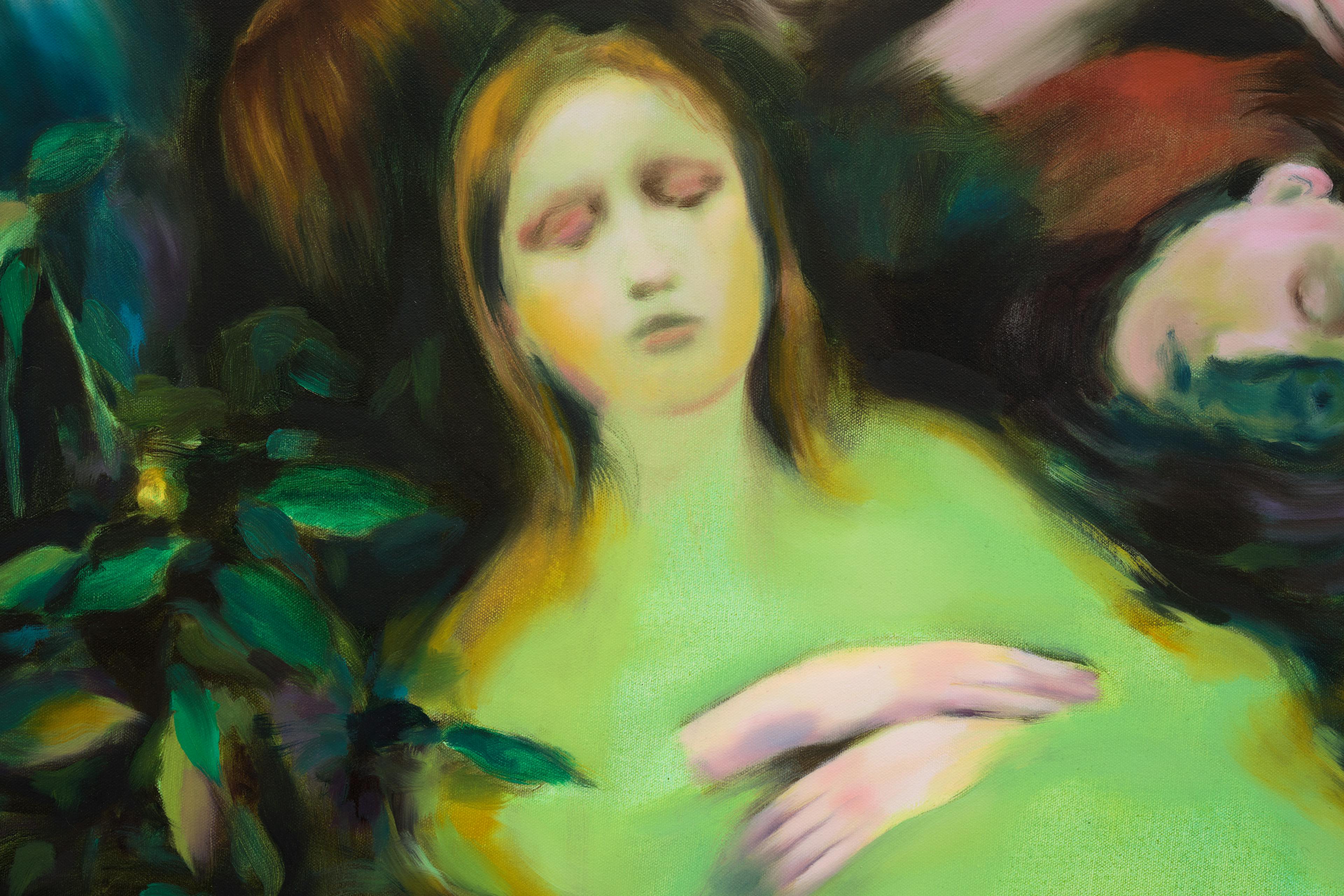a close up crop of Cathleen Clarke Strands of Sleep , 2023 Oil and acrylic on canvas 61 x 76.2 cm 24 x 30 in. A sleeping figure is surrounded by other figures sleeping. 