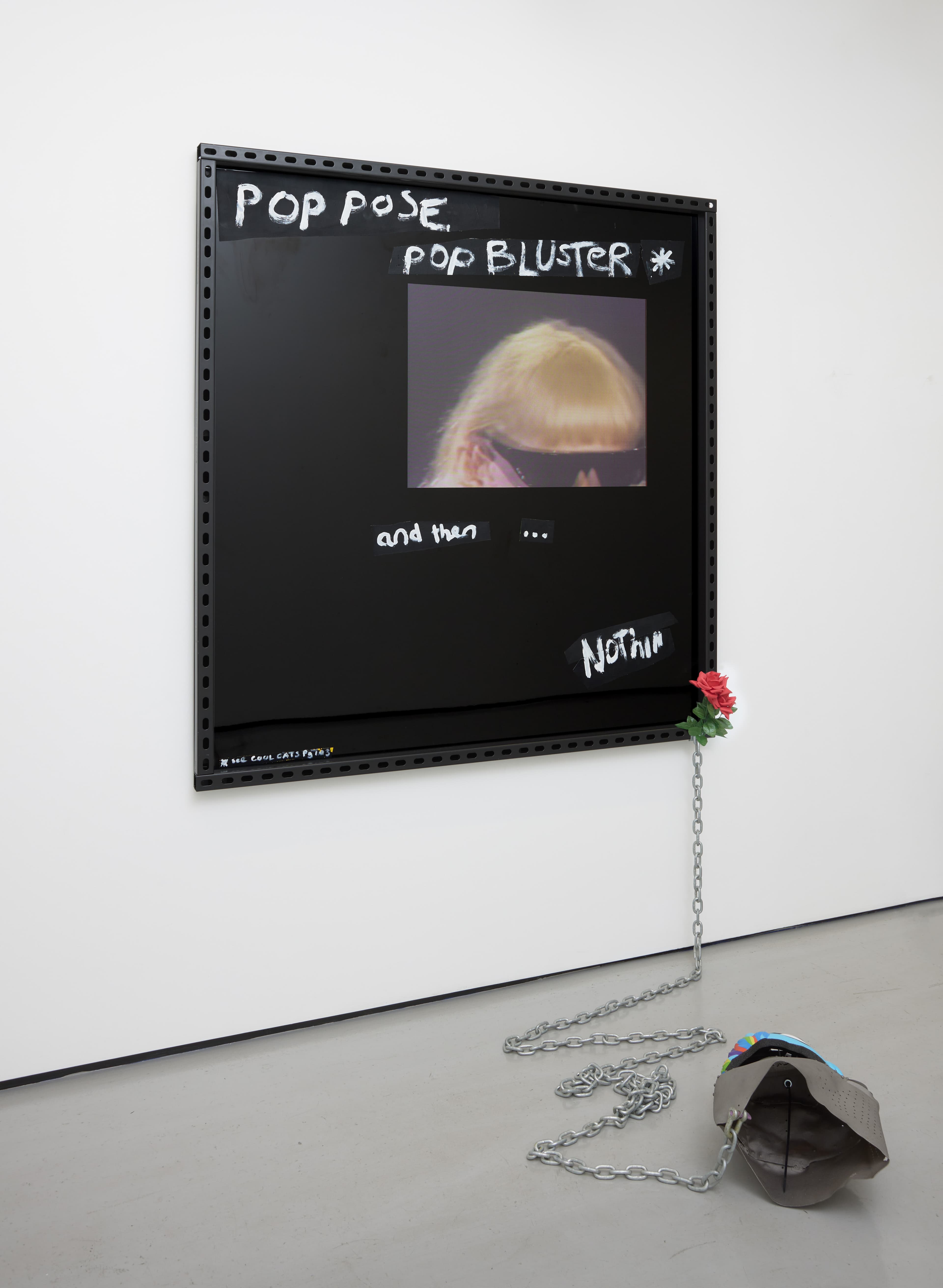 an image of Pop Pose, 2023 by Simeon Barclay, consisting of Black ACM board, vinyl, metal, oil and acrylic paint, chain, replica Great Helm, children’s unicorn bicycle helmet, acrylic on canvas, plastic rose