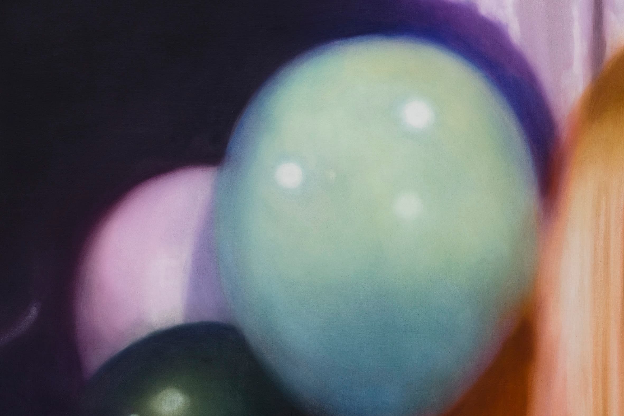 oil painting of the back of a head and some balloons by Rachel Lancaster