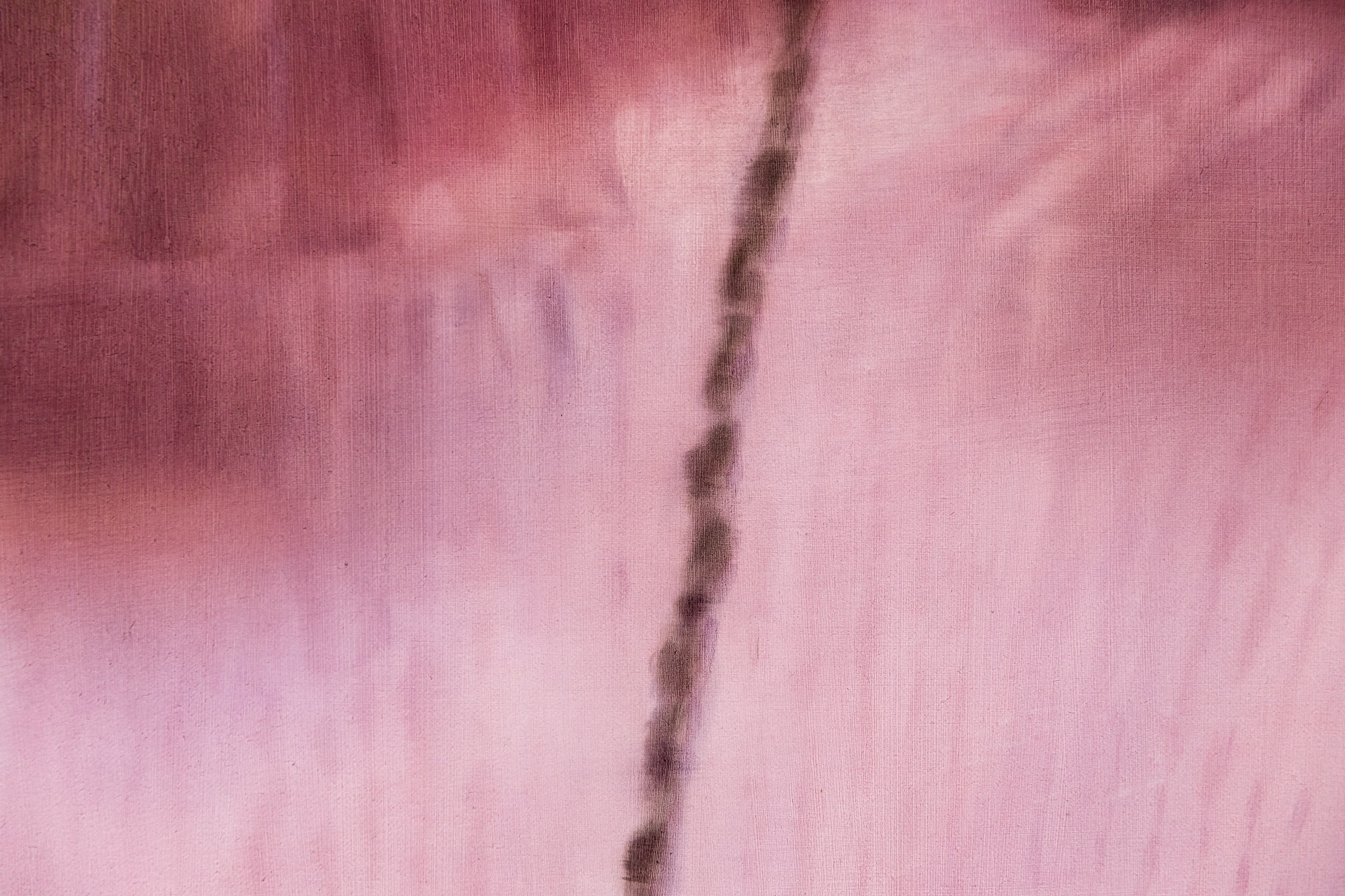 A painting of a shoulder and neck with a thin plait of hair over a pink jumper 