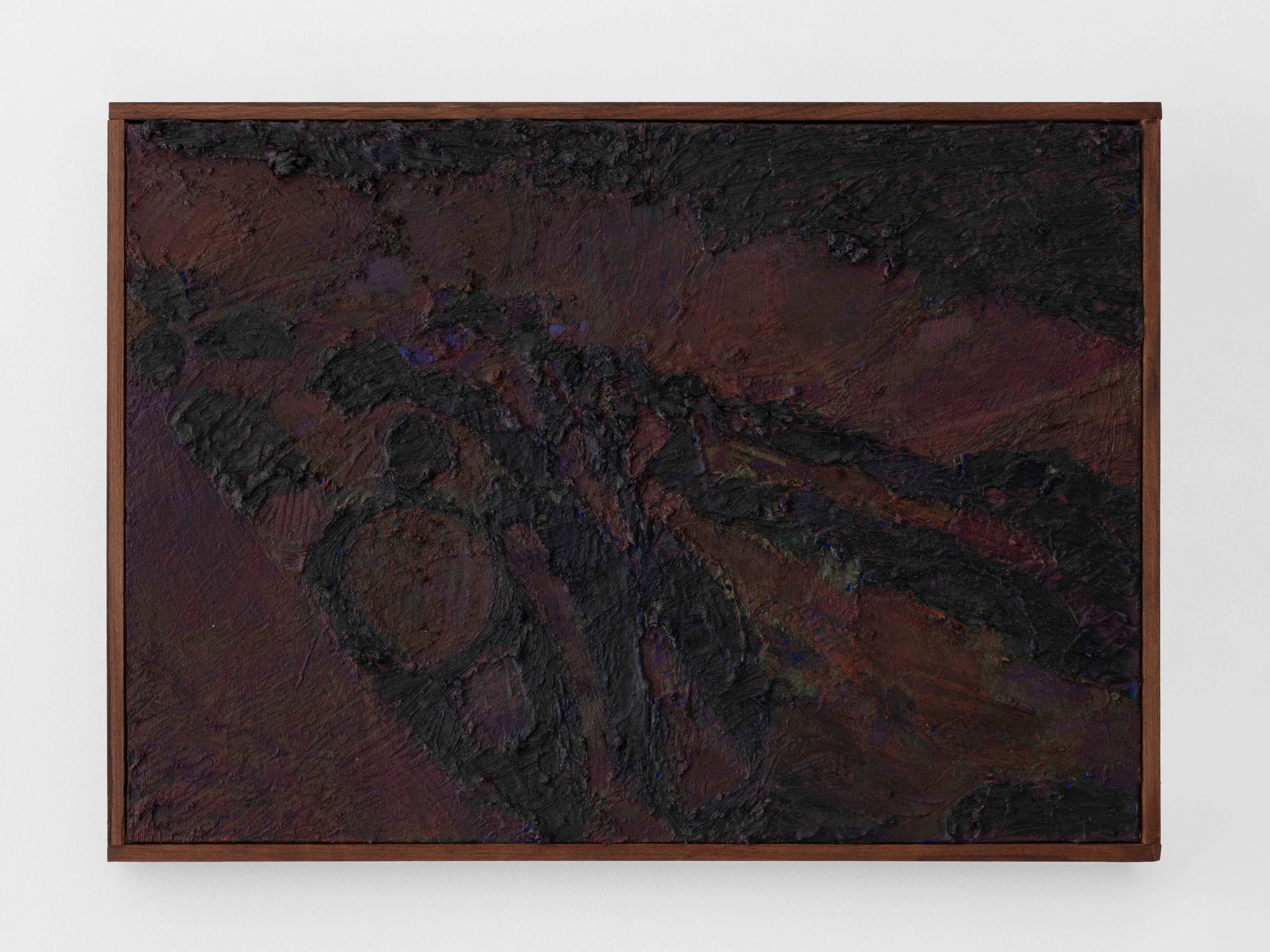 Medium acrylic/oil painting by James Collins. Dark browns, red and green oil paint on canvas which looks similar to an organic form on a tree..