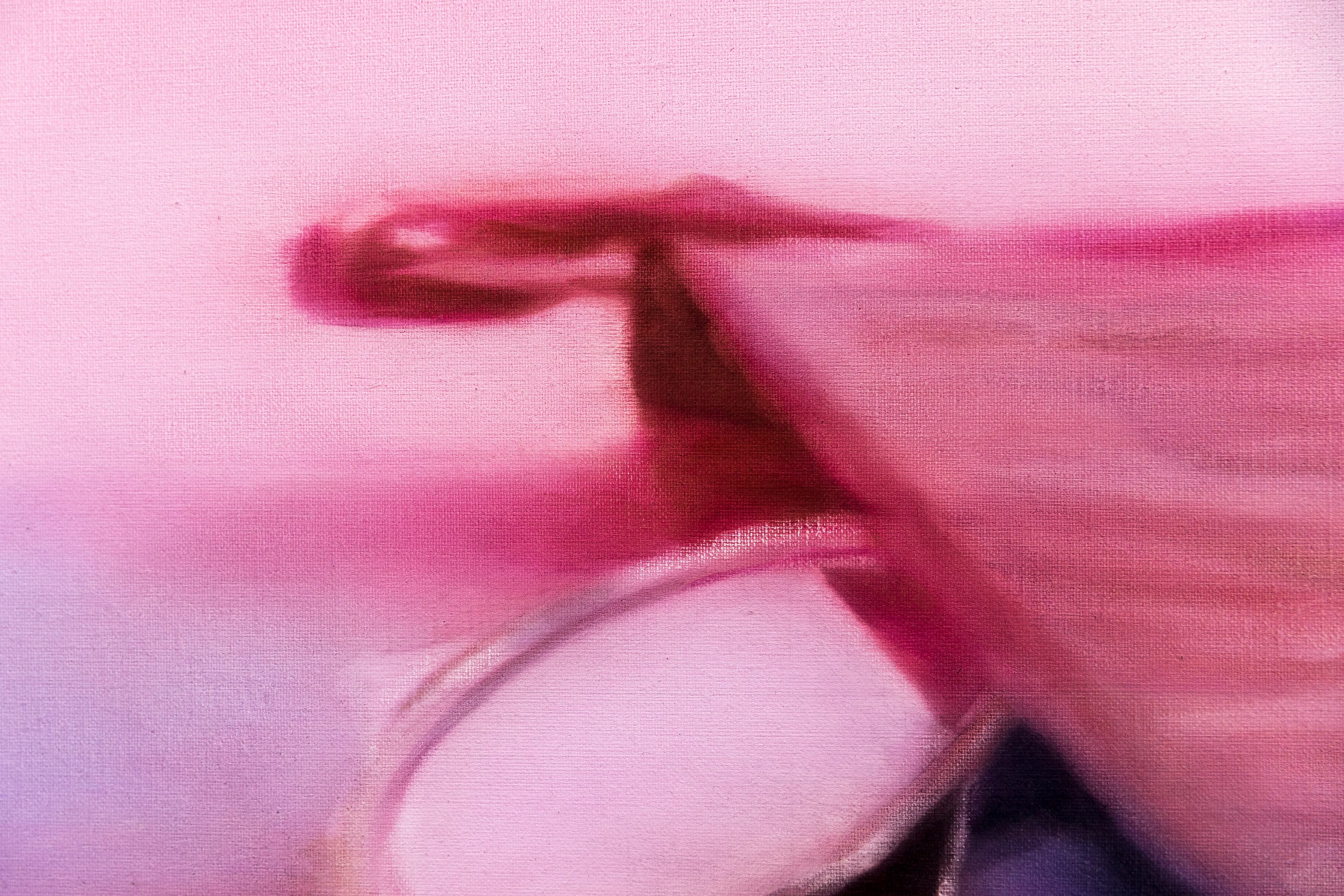 Crop of a pink painting by Rachel Lancaster of a compact mirror and other objects coming out of a bag on a table