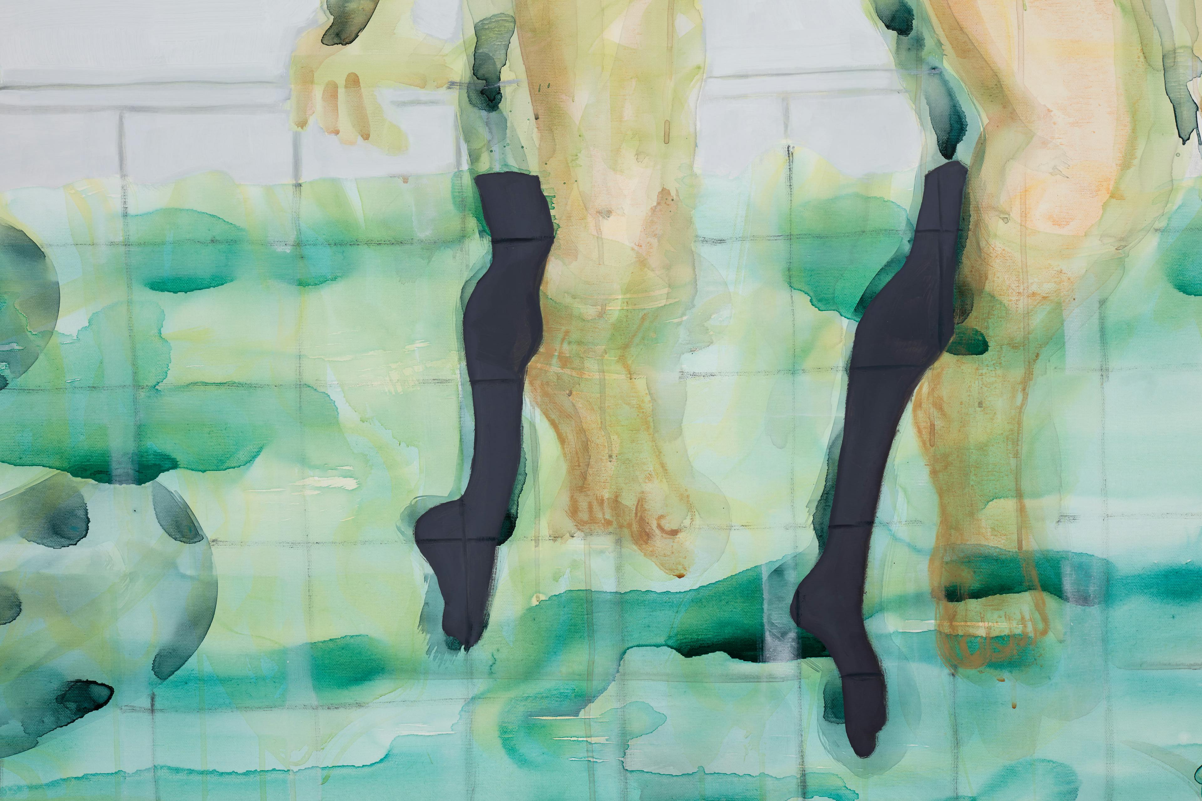 A detail crop of a painting by Miko Veldkamp of bare legs over water in a tiled pool.