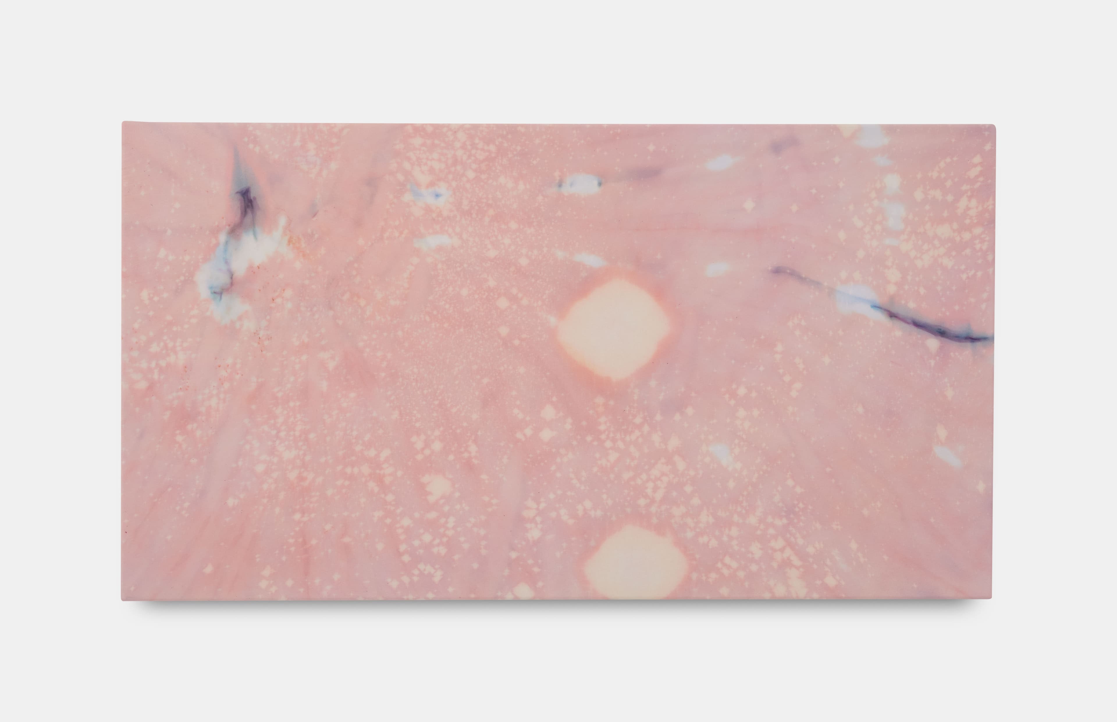 Small painting by Max Boyla. Pink background with bleached white and light pink circular markings all over the canvas and grey marbled lines on the top part.