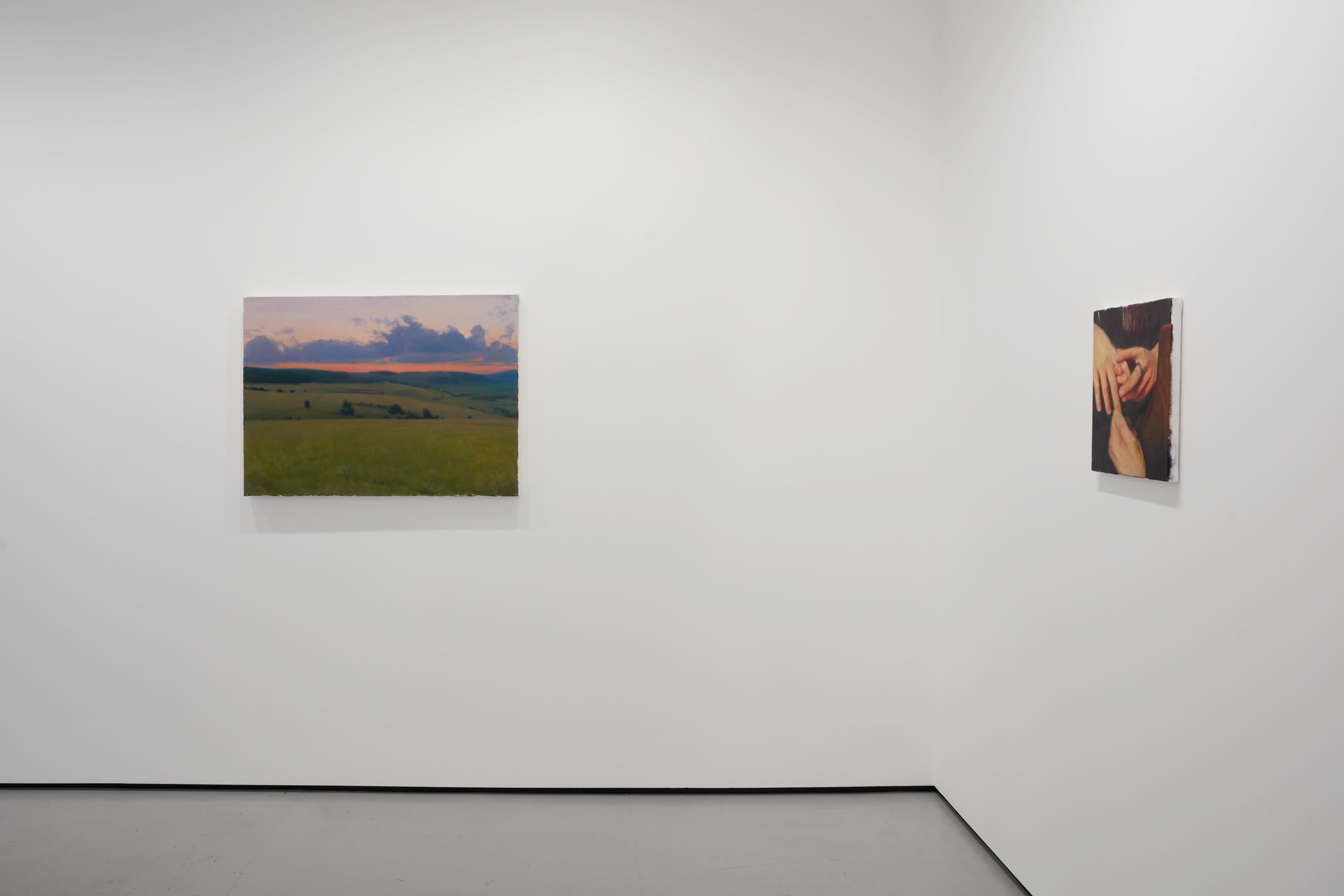 Installation shots of Cristian Avram's exhibition 'Lapse' at Workplace in London. An exhibition of oil paintings in a minimal white gallery space. 