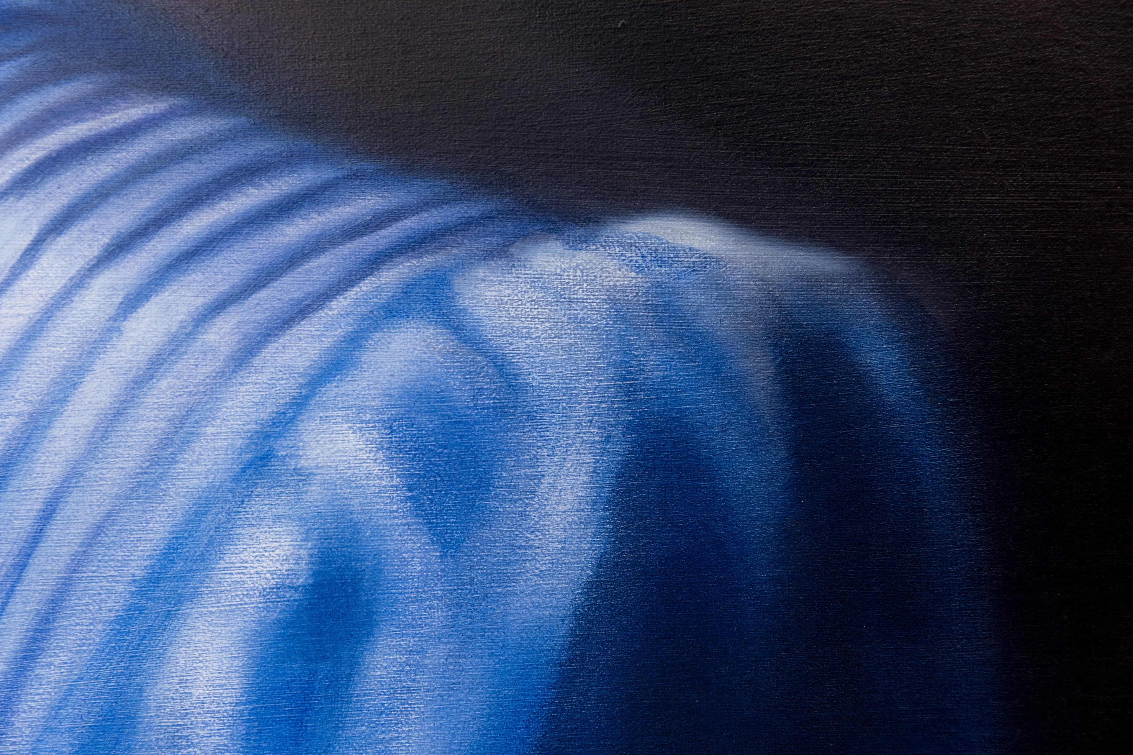 A painting by Rachel Lancaster of a the back of a female, with blue blouse and dark bob. 