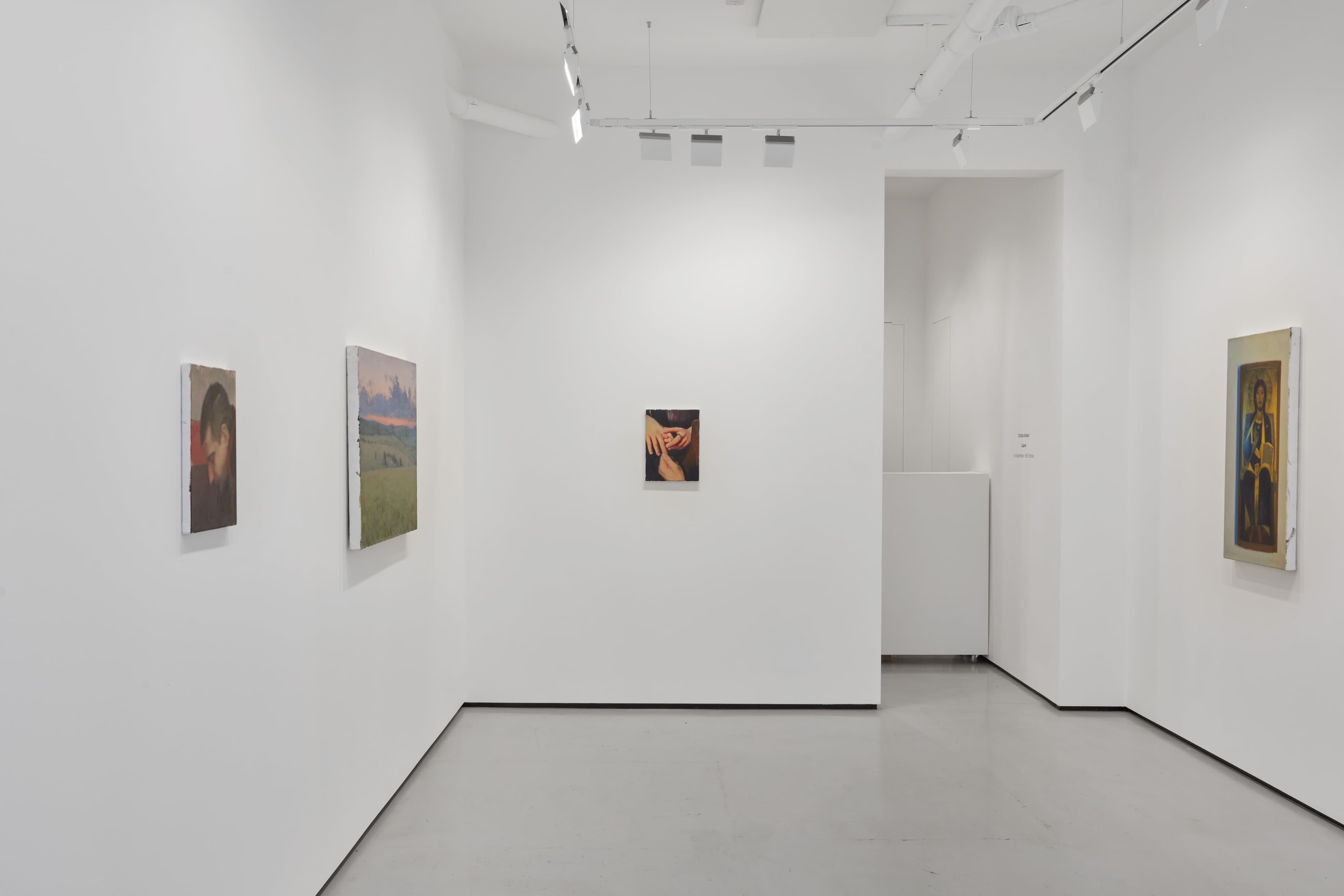 Installation shots of Cristian Avram's exhibition 'Lapse' at Workplace in London. An exhibition of oil paintings in a minimal white gallery space. 